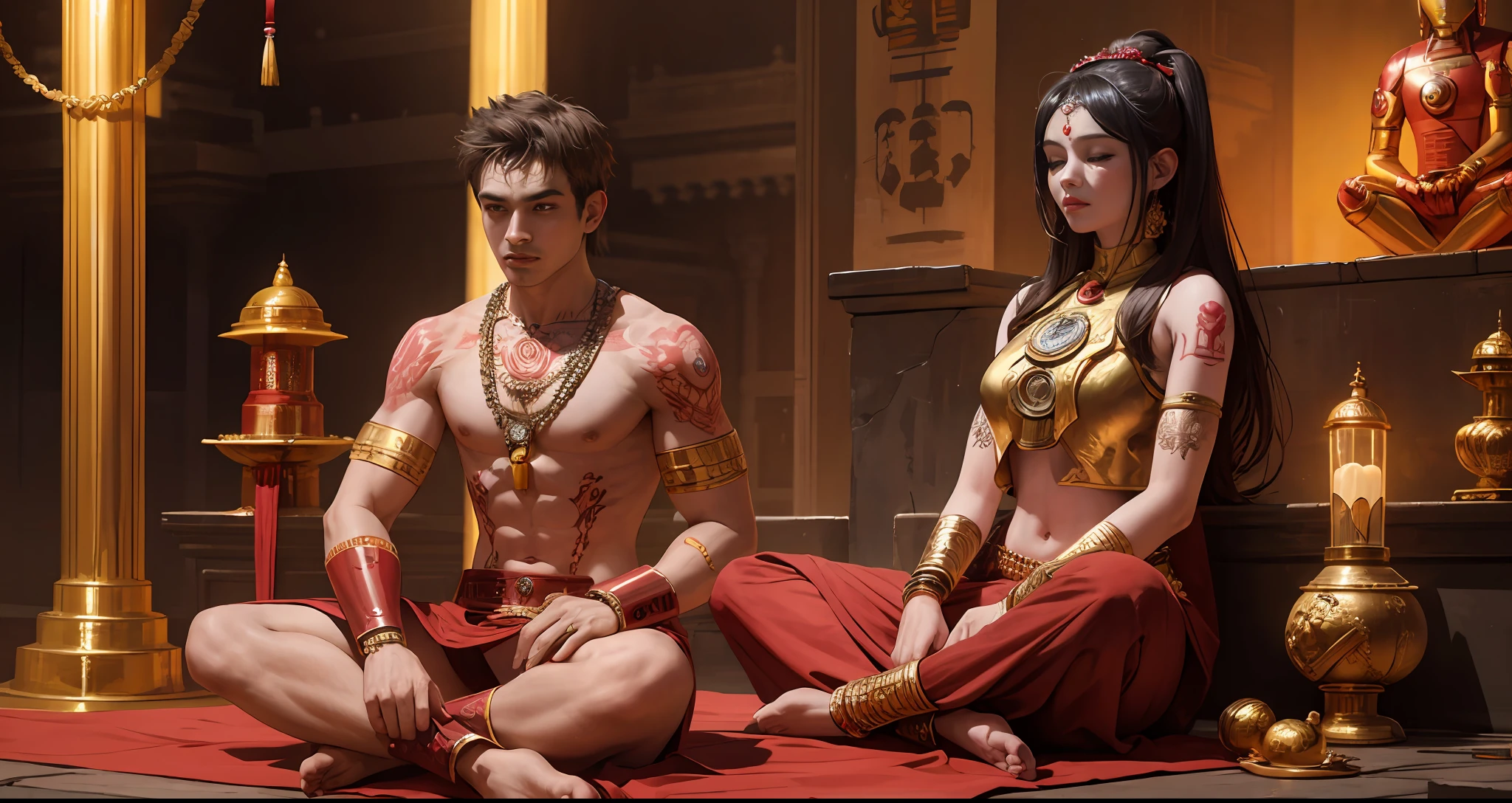 Buddha wearing an Iron Man mask meditating in a Hindu temple next to a young tantric woman priestess with loincloth tattoos and percings --auto