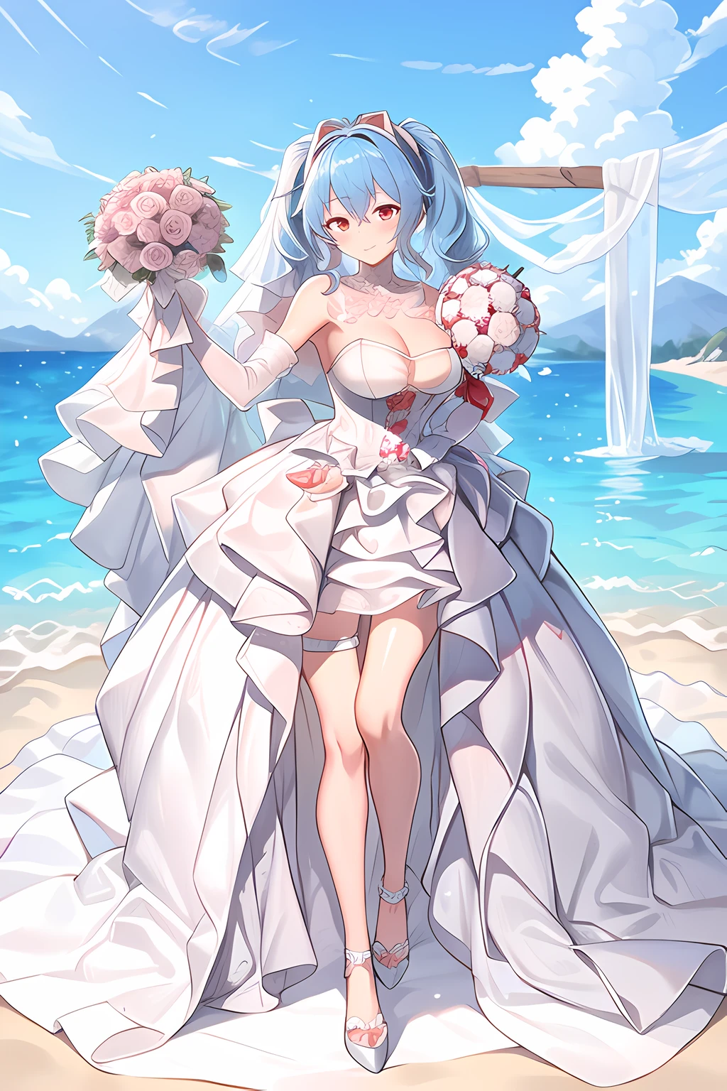 Prinz Eugen,((Masterpiece)), (((Best quality))), ((Ultra-detailed)), ((illustration)), ((Disheveled hair)), ((frilld)), (1 girl), (Solo), Bare shoulders , Blue hair , Bouquet , choker necklace, 鎖骨 , Clothing , dress , Elbow gloves, Female , flower , frilld, Collection, mitts, hair between eye, Headgear , Holding, holding flower bouquet , holding object , Light smile, view the viewer, Red eyes, Short twin tails, No shoulder strap , Strapless dress , hair tying, double tails, two hand , (Wedding dress:1.2), a white choker , White dress, White gloves, a white choker , white sash ,