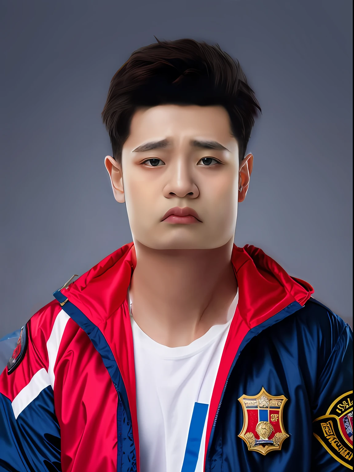 Red and blue jacket，school badge