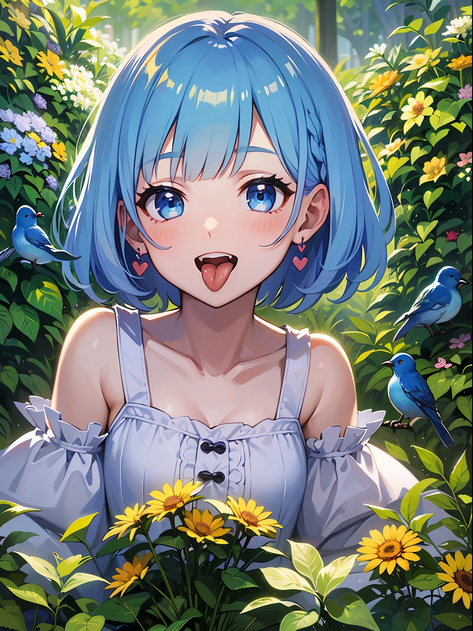 (masterpiece:1.3), (best quality:1.3), high resolution, 


couboy shot, 
leaning forward, body facing forward, 

(one cute girl:1.3), solo, 
white skin, small Breast, eight-headed person, 
light blue hair, (bobbed hair:1.2), (short hair:1.2), (blunt bangs:1.2), beautiful hair, blue eyes, beautiful detailed eyes, 

(tongue out:1.3), blush, heart, cheerful smile, 

one piece dress, frill, detached sleeves, earrings, 

outdoors, flower garden, natural park, little blue bird, bird, 

shadowlighting,