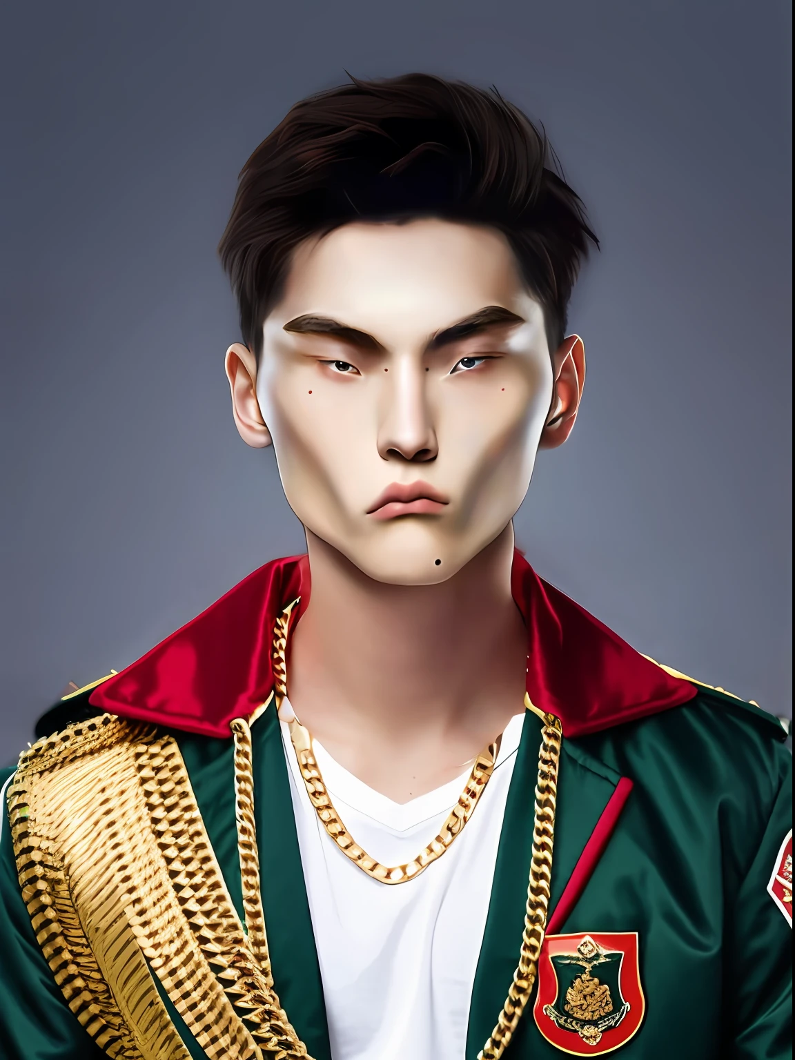 Dark green and red jacket,school badge,big gold chain