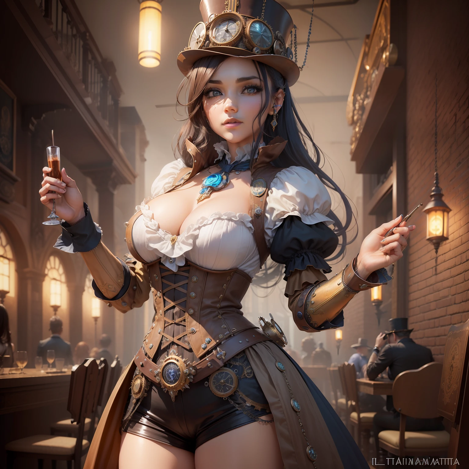 ((melhor qualidade)), ((obra-prima)), (altamente detalhado:1.3), ..3d, Bela (Steampunk:1.3)1girl|steampunk style mechanical arm|cabelo cortado com mexa azul|sexy|medium breasts|blusa branca|colar|steampunk scenario