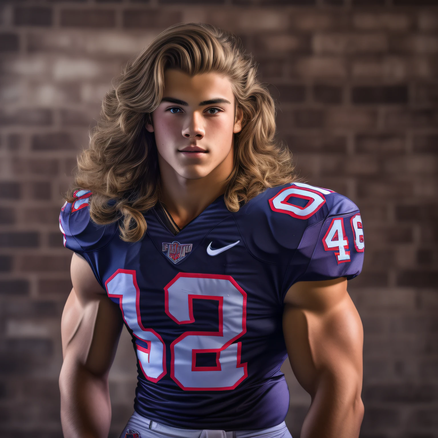 solo 18-year-old boy bodybuilder, embodying the perfect fusion of Joey Lawrence and Cody Calafiore with long hair, exuding an aura of strength and confidence. Enhanced with HDR technology, this image depicts a true masterpiece, 4K resolution, American football vibes, collegiate jock, gridiron