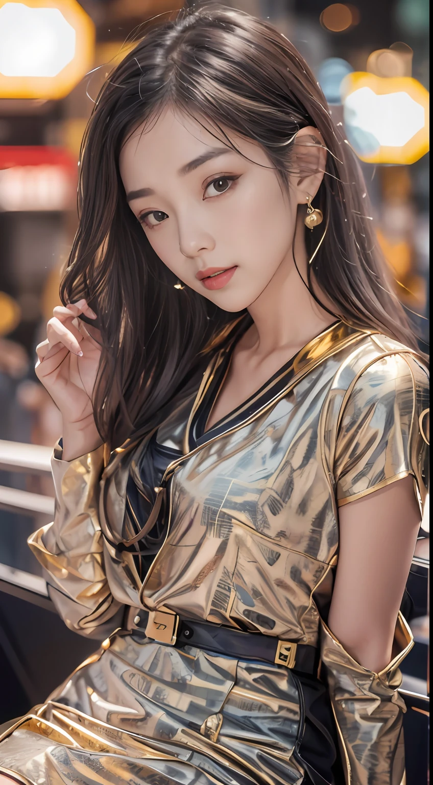 （tmasterpiece，k hd，hyper HD，16k）brunette color hair，15 year old girl，3D uniform skirt，Emphasize the lips，Rouge，Soft lips，Glossy lips，，Soft hair like slippery silk，Sparkling，Almost reluctant to look away，She wears a suspender cheongsam！Imagine that，She just wore a suspender cheongsam to shop in the bustling Sanlitun，One can't help but want to take a closer look。Take a closer look, desi，Her belly pocket is quite stylish，The skirt flutters in the wind，It's like adding a touch of energy to the whole street，Sit on a crocodile skin train，Face-to-face perspective，（From the angle below），Sit in a train crocodile leather seat，sitting in front，Zoom camera，head portrait，Head down and sleepy-eyed，Just look at the ground， best qualtiy， hyper HD， （realisticlying：1.4），， A high resolution， the detail， RAW photogr， Sharp Re， Nikon D850 Film Stock Photo by Jefferies Lee 4 Kodak Portra 400 Camera F1.6 shots, Rich colors, ultra-realistic vivid textures, Dramatic lighting, Unreal Engine Art Station Trend, cinestir 800，