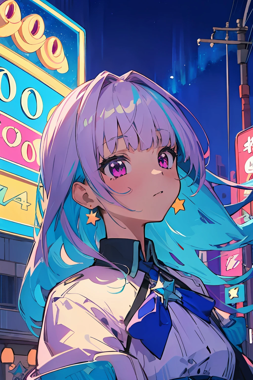 best quality, 4K wallpaper, masterpiece, extremely detailed CG unity 8k wallpaper, extremely detailed eyes, ultra-detailed, intricate details, 1girl, star earrings, blue star neck ribbon, multicolored hair, light violet, purple eyes, neon_pop art style, retro art style, public, outdoors, road sign, city,