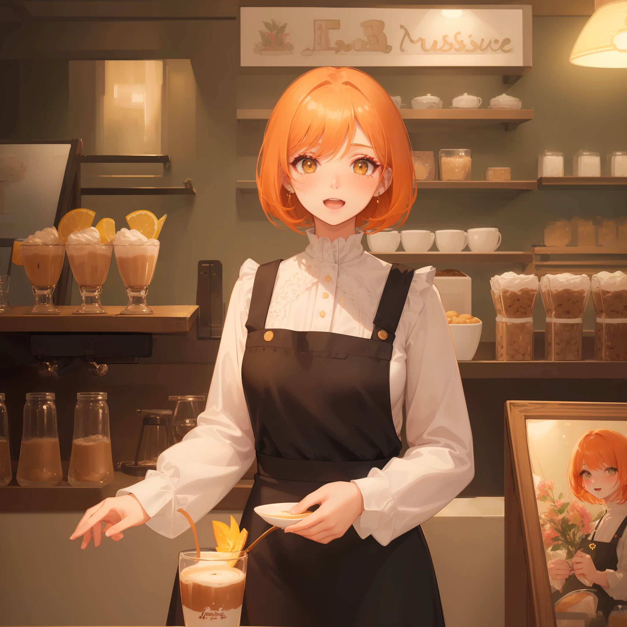 Illustration, (Solo, 1girl, Beautiful detailed eyes: 1.2), (masterpiece, of the highest quality, Super Detail:1.6), Illustration, Best Quality, Dynamic Range, Bokeh, Indoors, very short hair, short bob hair, (orange hair), tuck one side hair behind ear, yellow eyes, Looking at Viewer, Smile, cheerful woman, Anime, (lip, nose, eyeshadow:1.4), (blush:1.2), (jpeg artifacts:1.4), depth of field, bokeh, wearing white long sleeve blouse, long skirts, high neck blouse, (front view, frontal face, from front, light from front), indoor, 30 years old, barista, coffee, shop, wearing long black apron, open mouth,