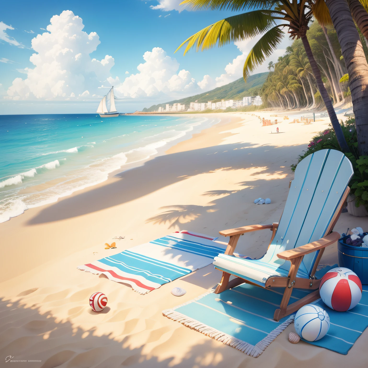 painting of a beach scene with a chair, ball, and other items, seaside backgroud, seashells on beach, sailboats in water, beach setting, sunny day at beach at the seaside, near the seashore, titled'holiday at the beach ', beach landscape, on a sunny day