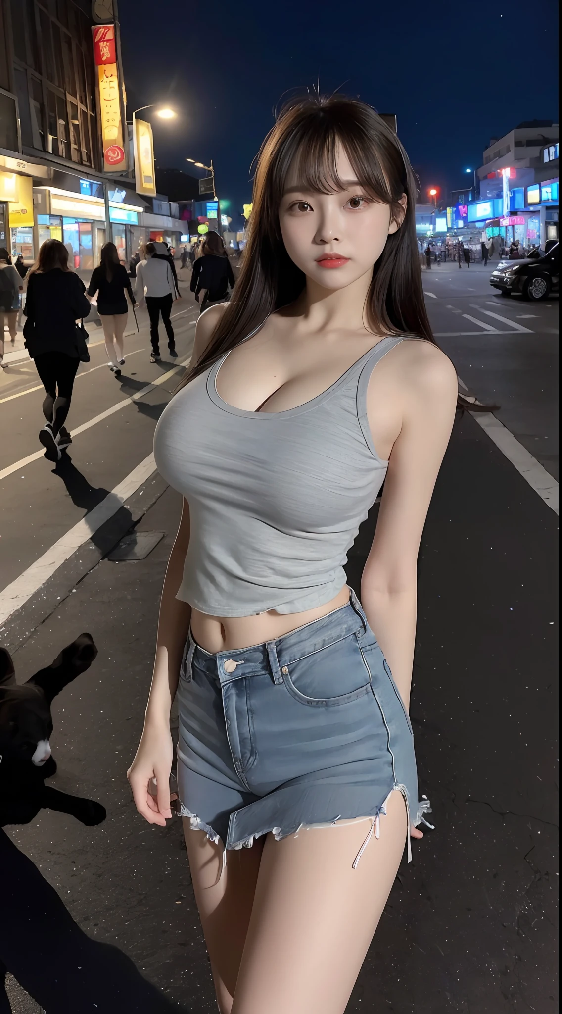 Telephoto,(fully body photo:1.4),shoe,Walk the streets,small thighs,(On the streets at night,the night:1.5),Very short mini skirt,student shoes, Night background,(cat ear:1.5),ssmile,(Detailed eyes:1.5),depth of fields,Wide,fully body photo,(8K, RAW photos, best qualtiy, tmasterpiece:1.2), 1girll, 3D, Asians, Long hair,huge tit,Half of the chest is exposed,Big ass, Grey_Background, Huge_Breasts, nabel, nase,Bumpy figure, Realistis, 独奏,shiny skins,(美丽detailed eyes:1.5),(realisticlying,photograph realistic:1),Masterpiece,Best quality,offcial art,Extremely detailed CG unifies 8K, 8K, and wallpaper,