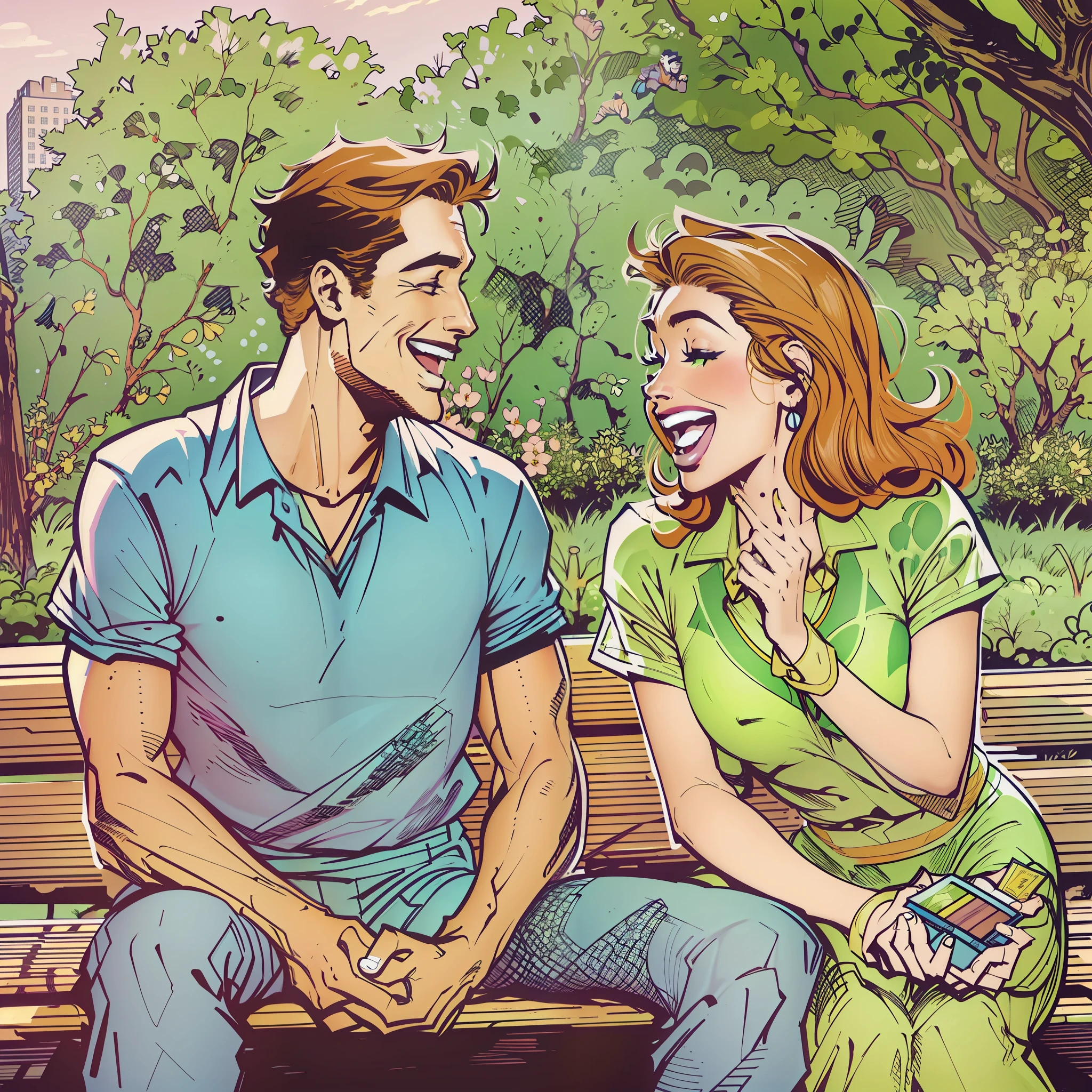 woman and man laughing as they talk, feeling a special connection, on bench in park, comic book