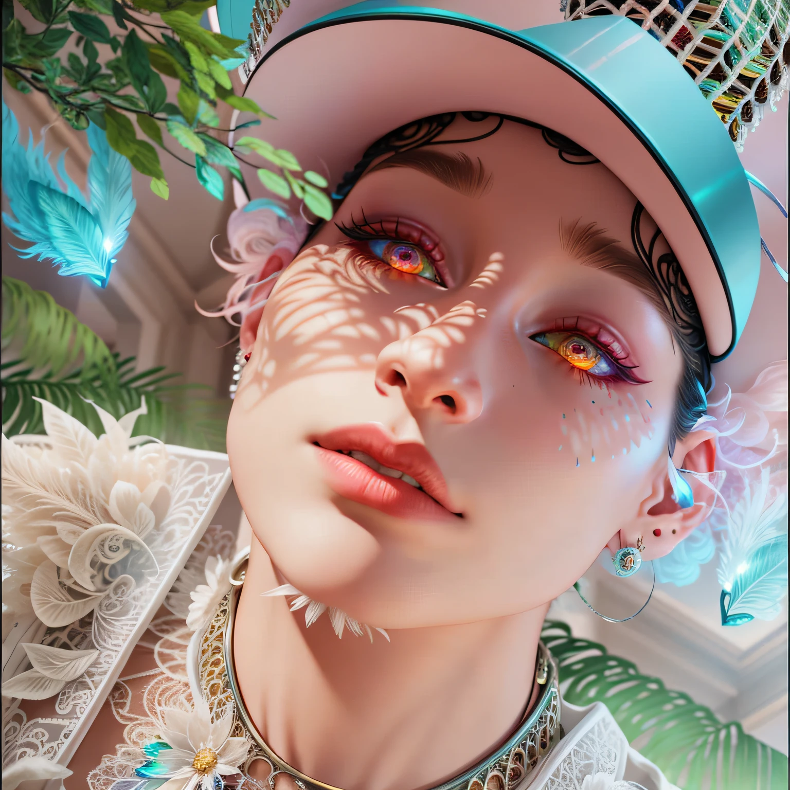 complex 3d render ultra detailed beautiful death angel, biomechanical cyborg, analog 150 mm lens, beautiful natural soft rim light, crystal feathers, roots, fine foliage lace, colorful details, Boris Bidjan Saberi outfit, pearl earrings, piercing, art nouveau fashion embroidered, intricate details, mesh wire, mandelbrot fractal, facial muscles, cable wires, microchip, badass, hyper realistic, ultra detailed, octane render, volumetric lighting, 8k post-production, red and white with a bit of black, detailled metalic bones, semi human, iridescent colors, Glenn Brown style, futuristic room, power of the god, high-angle shot, complex body poses