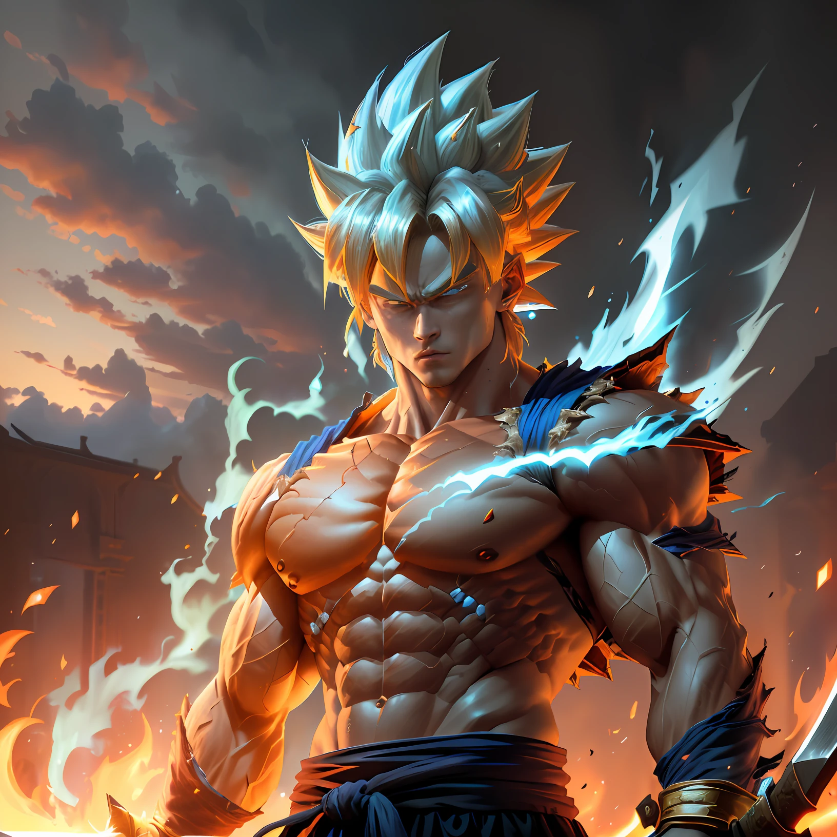 a close up of a man standing in a fire, super saiyan blue, photorealistic human goku, badass anime 8 k, portrait shot, super saiyan, epic 8 k hd anime shot, character dragonball, ultra instinct, broly, highly detailed portrait of goku, goku in real life, goku from dragon ball, super saiyan goku