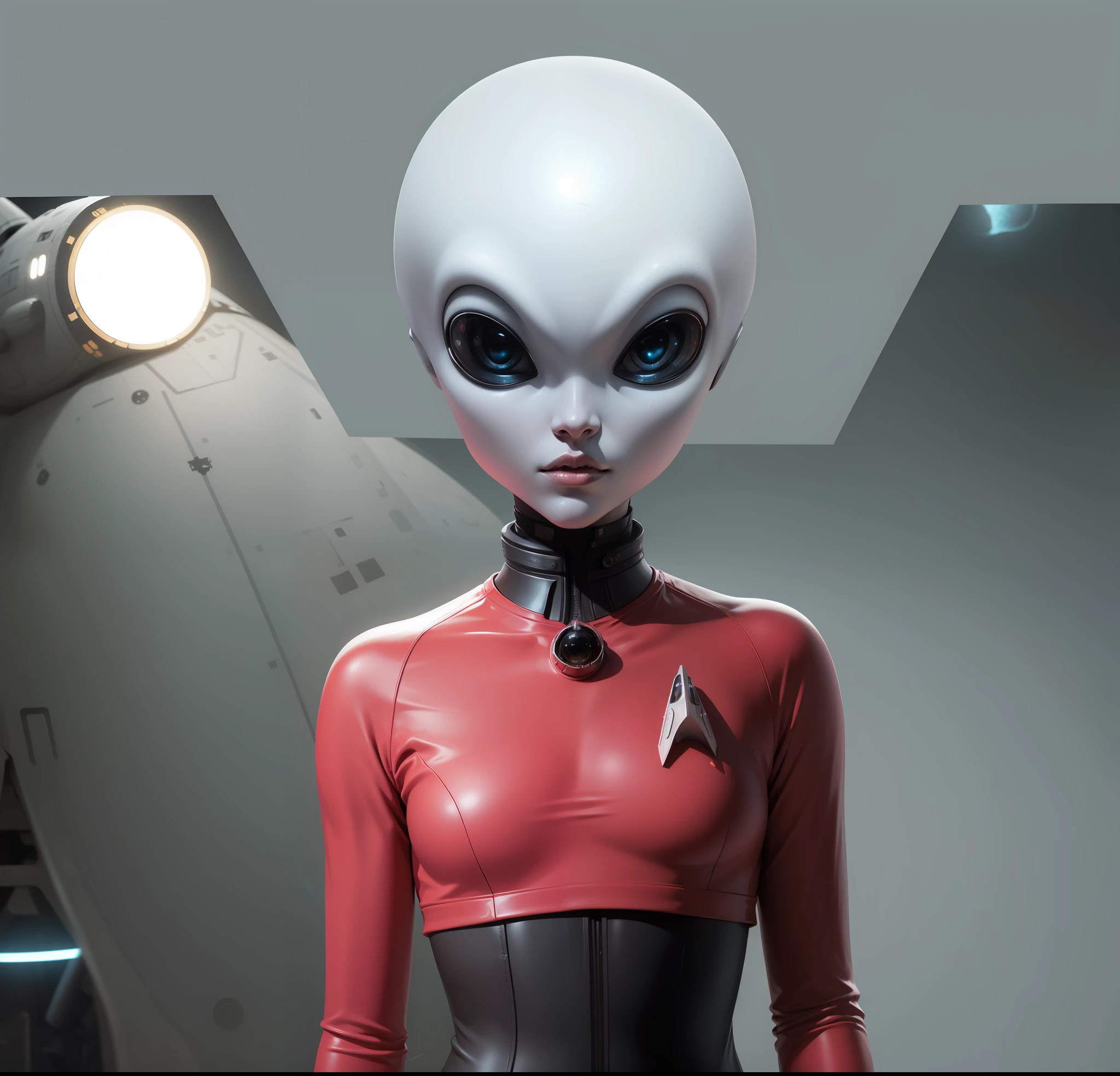 (an alien female character:1.2) with white skin, black eyes, and an otherworldly aura, the background is the cockpit of a spacecraft