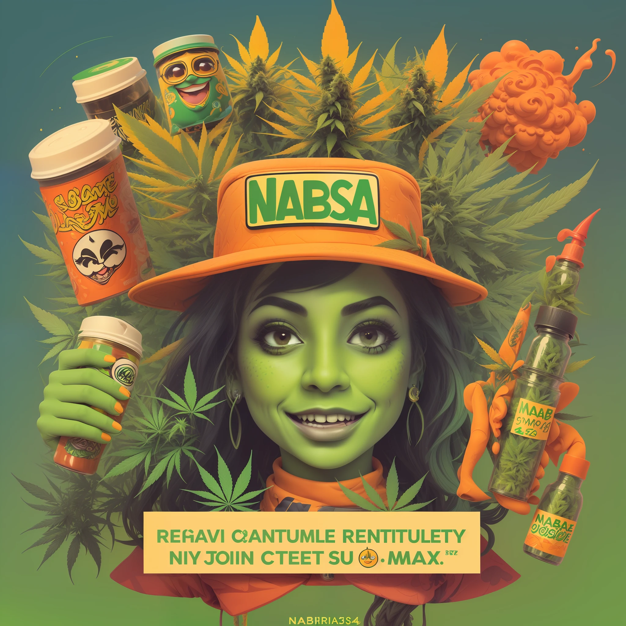 "((Humorous and relatable)), Design a meme-style image with a mix of bright and natural tones. Utilize funny characters and creative elements related to cannabis culture. ((@nabrisa.420)) should be creatively incorporated into the image. Ensure legibility of the text. Include a CTA to increase engagement."