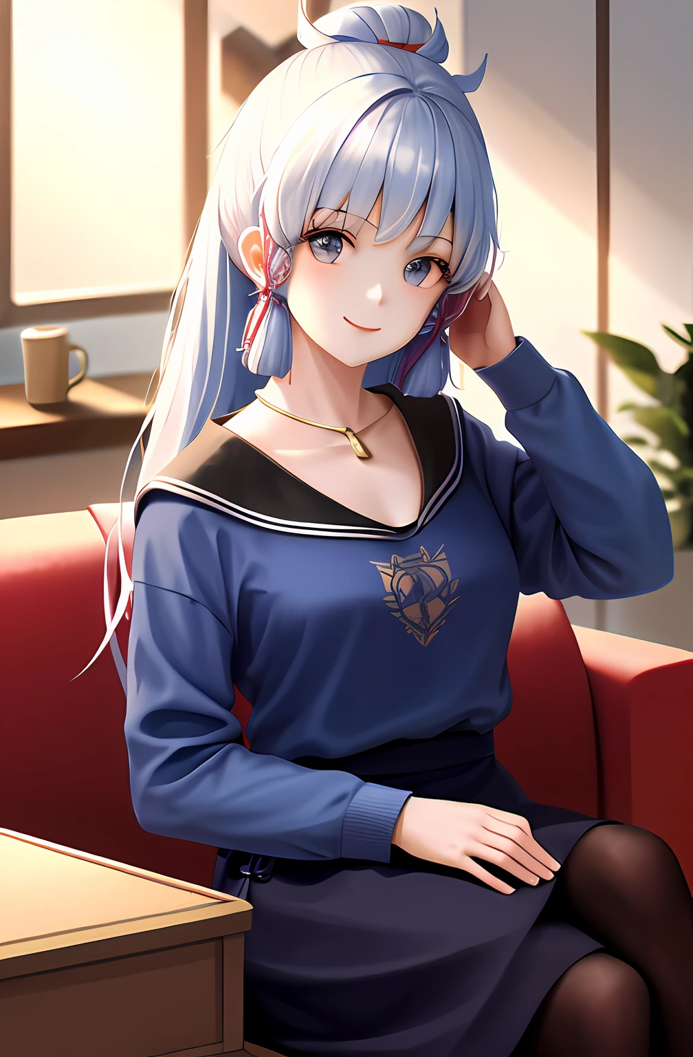 top-quality,tmasterpiece,(Realistis:1.2),1人,the detail,realisticlying,Female Student,ssmile,looking at viewert,Sitting on the sofa in the living room