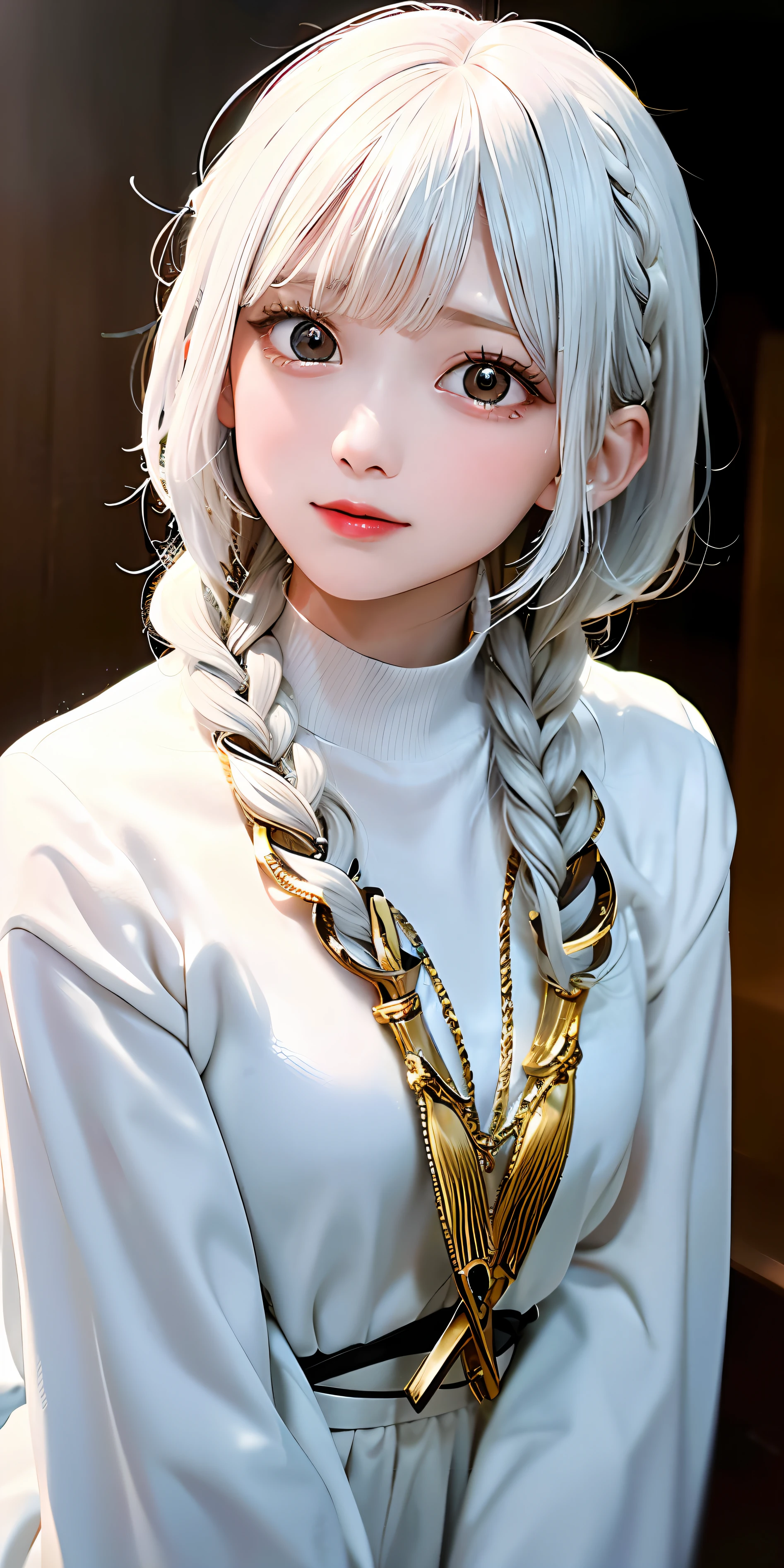 best quality, masterpiece,white hair, gold eyes,white clothes, looking up, upper body,hair strand,Fair skin,side braids