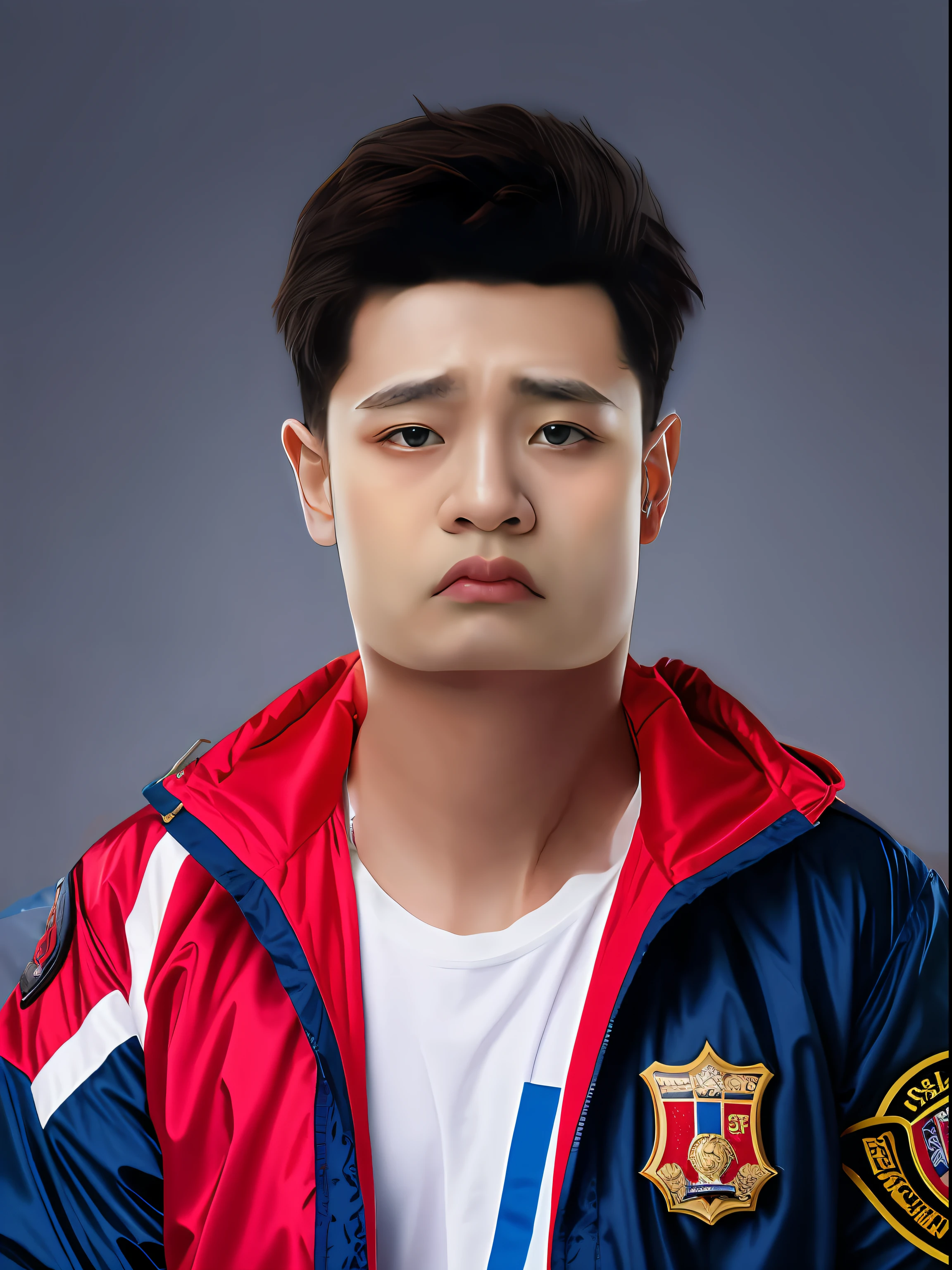 Red and blue jacket，school badge