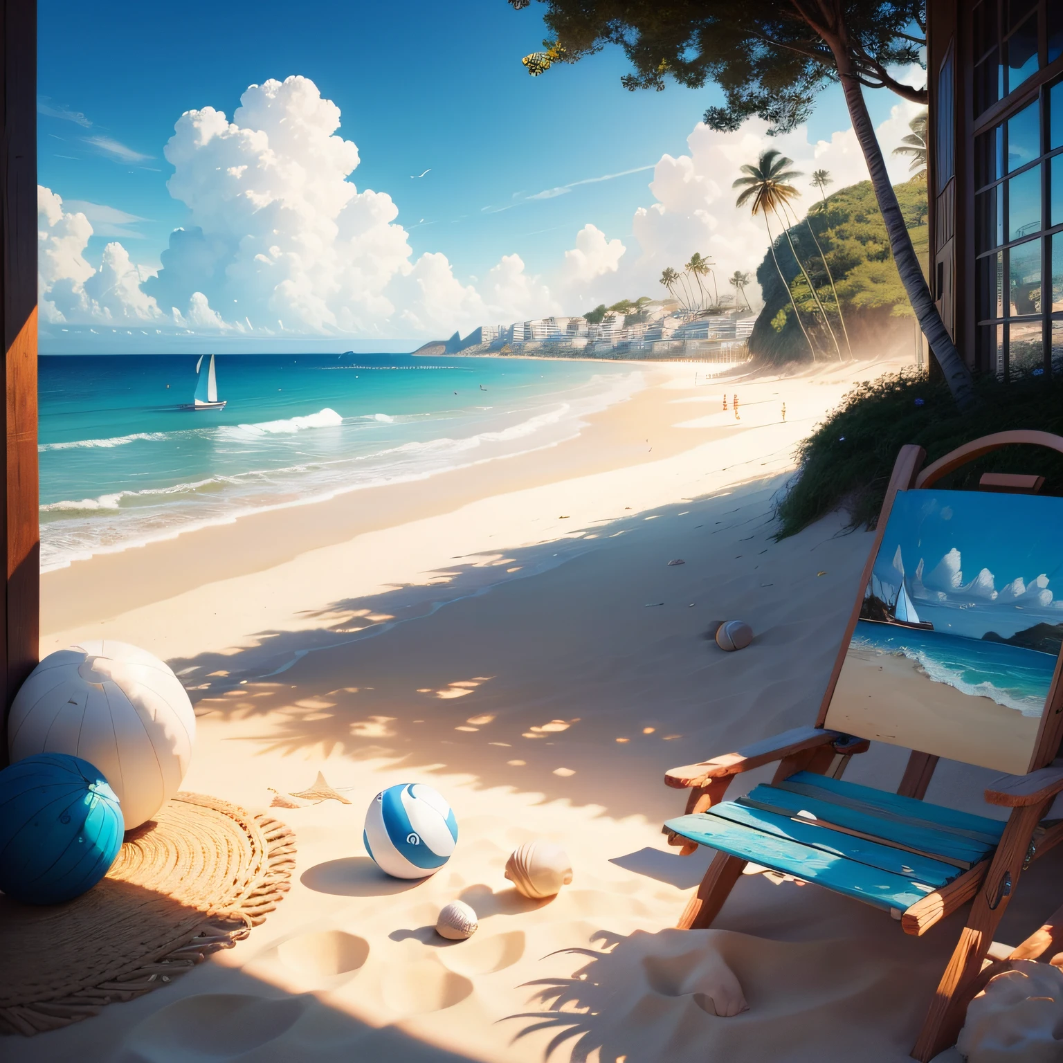 painting of a beach scene with a chair, ball, and other items, seaside backgroud, seashells on beach, sailboats in water, beach setting, sunny day at beach at the seaside, near the seashore, titled'holiday at the beach ', beach landscape, on a sunny day