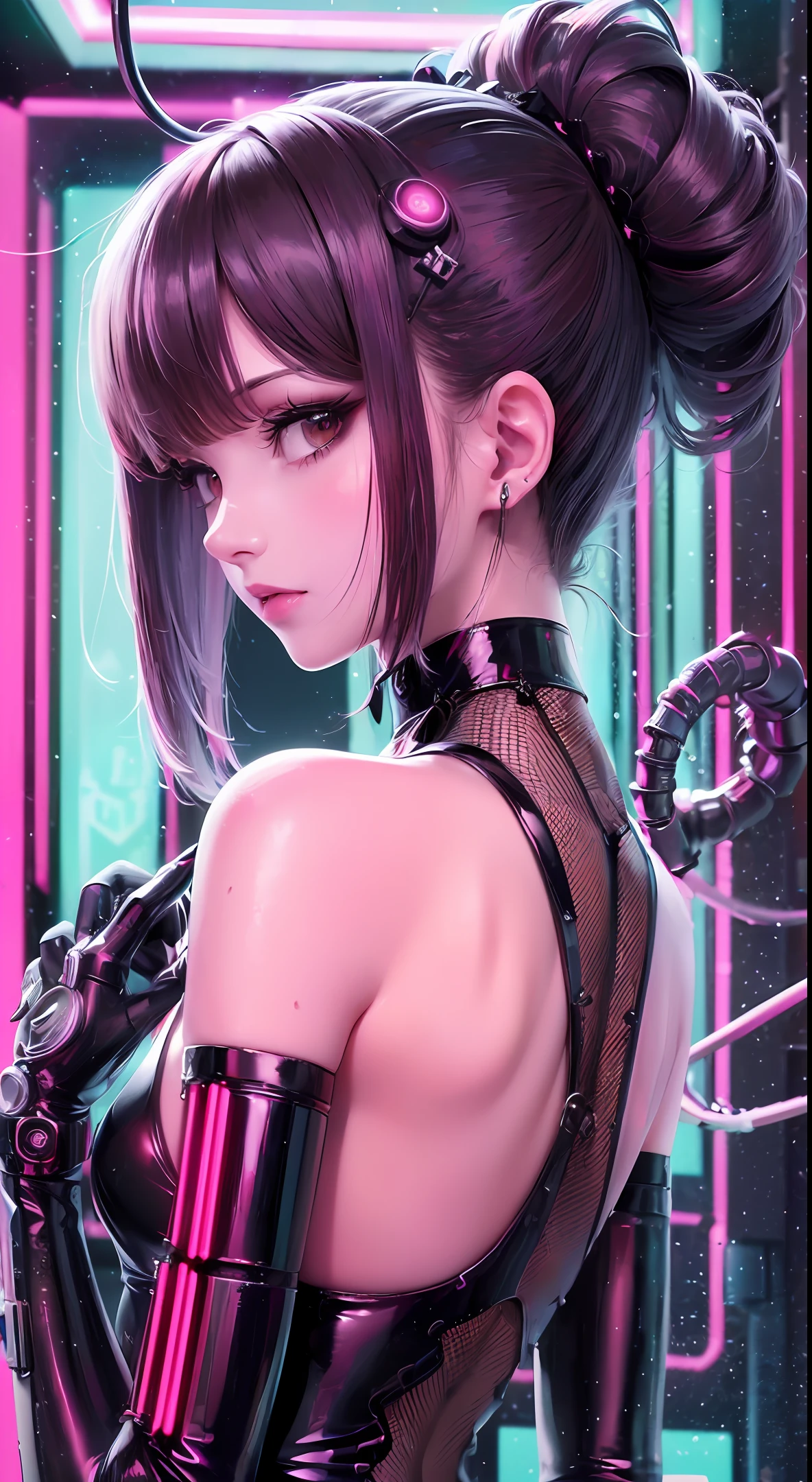 (Obra maestra, Calidad superior, La mejor calidad, Arte Oficial, beautiful and aesthetic:1.2),(1girl:1.4),cuerpo completo,([rosado|azul] cabello:1.5),Extremadamente detallado,(Arte fractal:1.3),(De color:1.5),highest detailed,(Mechanical modification:1.3),(modification:1.2),doncella,(A complex mechanical conduit is inserted into the back:1.5),catheter,(Neon Background:1.4),(Neon City:1.5),Noche,senos grandes,(Gothic_ta:1.2),tacones altos,(:0.95),maquillaje,sonrojarse,(cyberpunk:1.4),((Mirando al espectador:1.3)),((Looking back)), Disco duroR, 8k, Disco duro --auto --s2