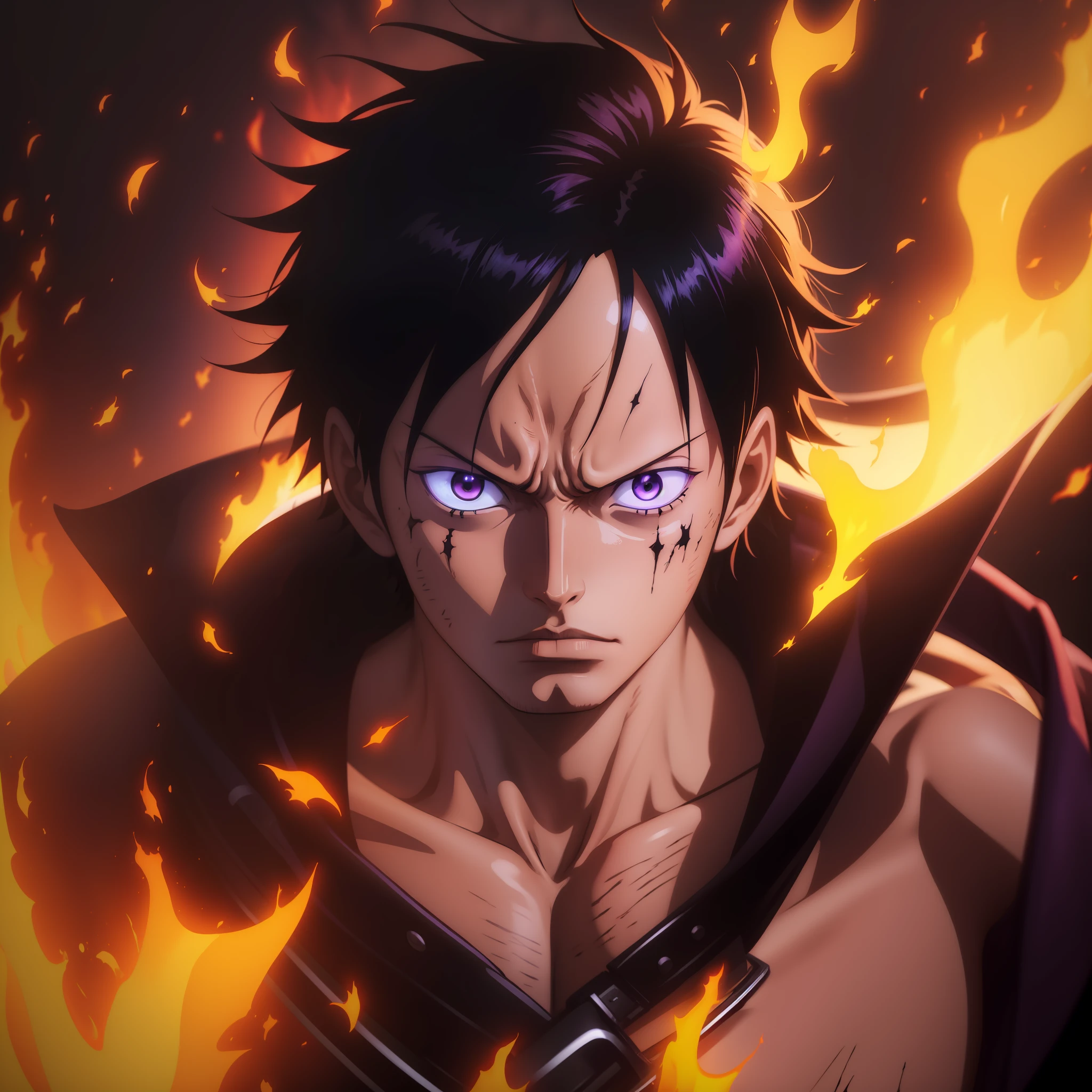 Dark background with realistic black flames anime One Piece 4k, with Ace with a defiant look (anime One Piece 4k) holding a purple flame, with a burn scar on his right eye, in a tense scene and pure mystery and suppression
