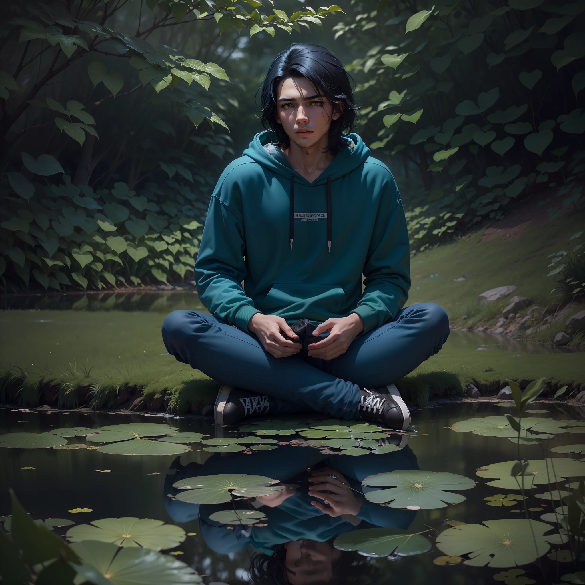 (dramatic illumination, dynamic angle, intense color contrast), (young man with black hair died blue at ends, brown skin, green eyes: 1.2), (sitting cross-legged by a pond), (wearing hoodie, ripped blue jeans:1.1), (meditating), slacker