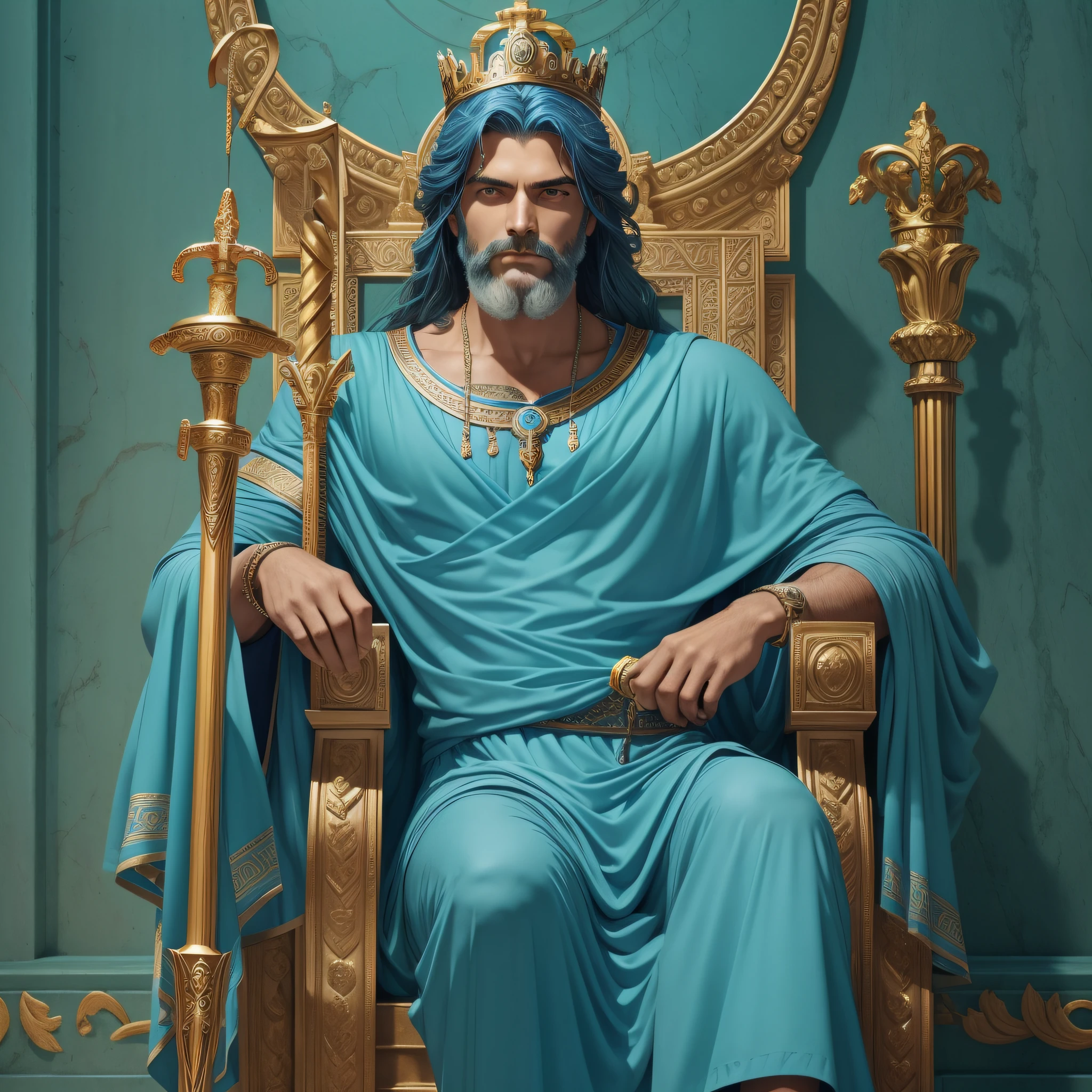 Deus grego Zeus sentado em seu trono. He's wearing stylish blue clothes. He is holding his royal scepter with his right hand