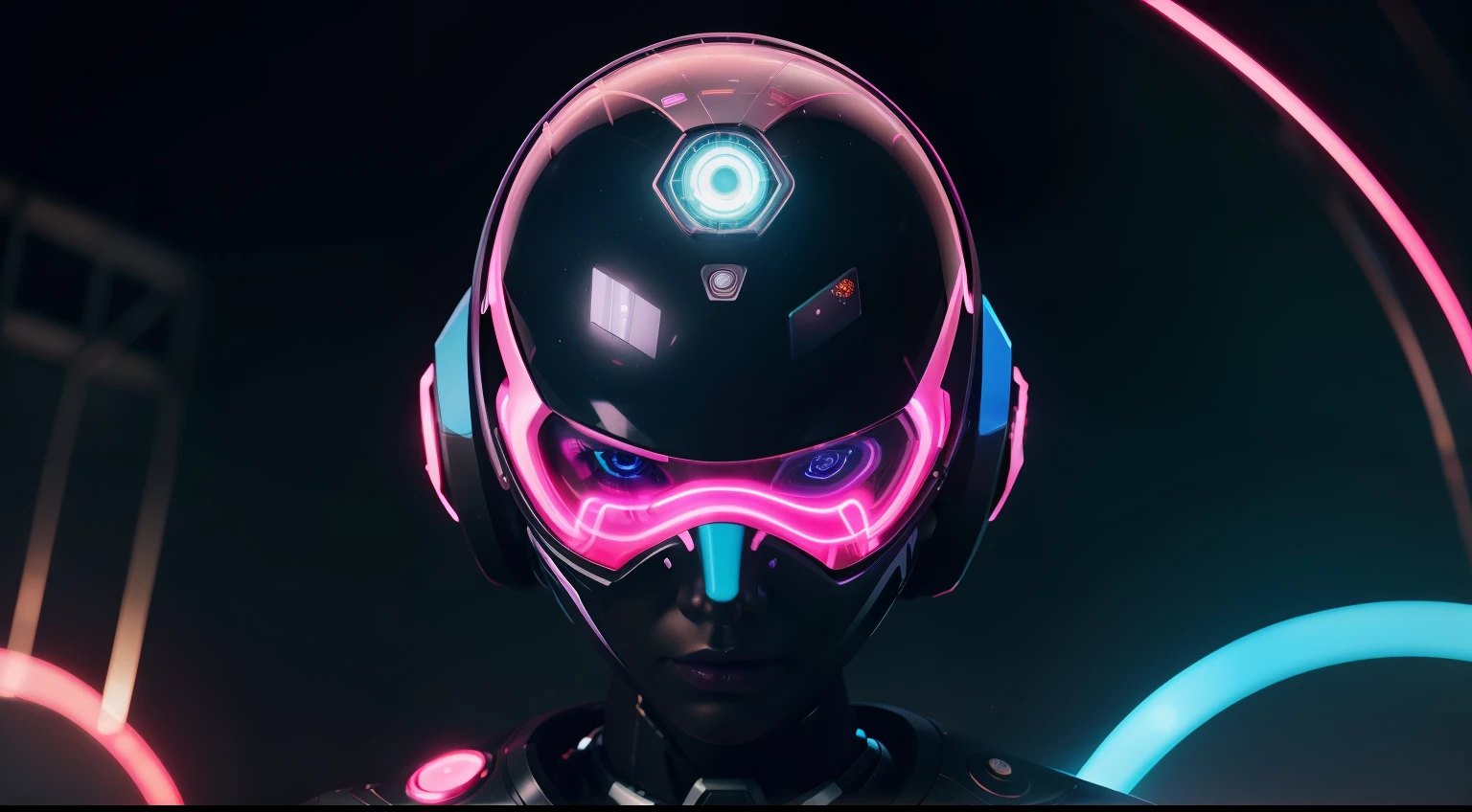 "Create a mesmerizing and unique piece of artwork with a futuristic and abstract aesthetic. The focus should be on the concept of artificial intelligence (AI). Incorporate elements such as circuit patterns, glowing neon lights, and a sense of depth. Enhance the image with vibrant colors and dynamic composition. The AI should be represented as a central figure, with a mixture of organic and technological features. Surprise me with your imaginative interpretation of AI in this captivating artwork."