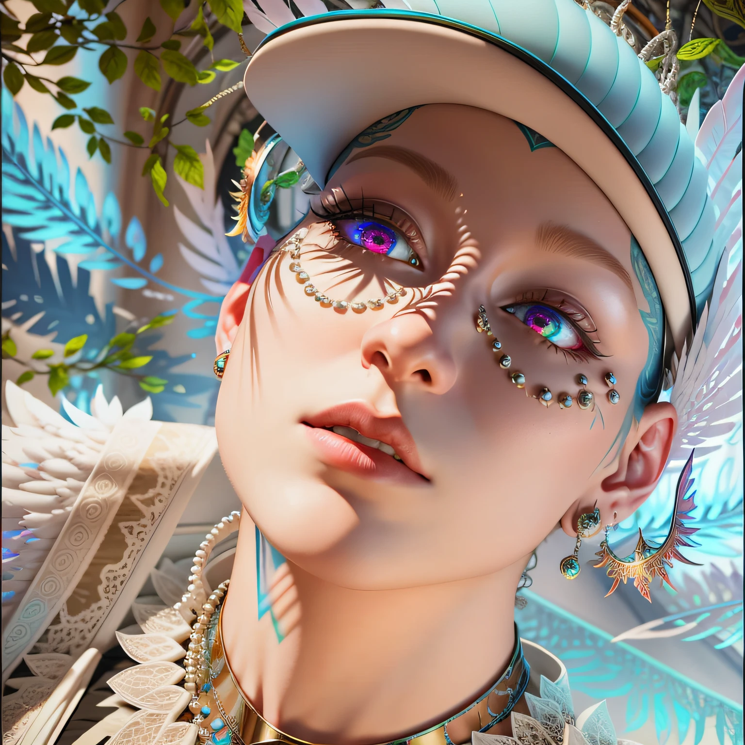 complex 3d render ultra detailed beautiful death angel, biomechanical cyborg, analog 150 mm lens, beautiful natural soft rim light, crystal feathers, roots, fine foliage lace, colorful details, Boris Bidjan Saberi outfit, pearl earrings, piercing, art nouveau fashion embroidered, intricate details, mesh wire, mandelbrot fractal, facial muscles, cable wires, microchip, badass, hyper realistic, ultra detailed, octane render, volumetric lighting, 8k post-production, red and white with a bit of black, detailled metalic bones, semi human, iridescent colors, Glenn Brown style, futuristic room, power of the god, high-angle shot, complex body poses