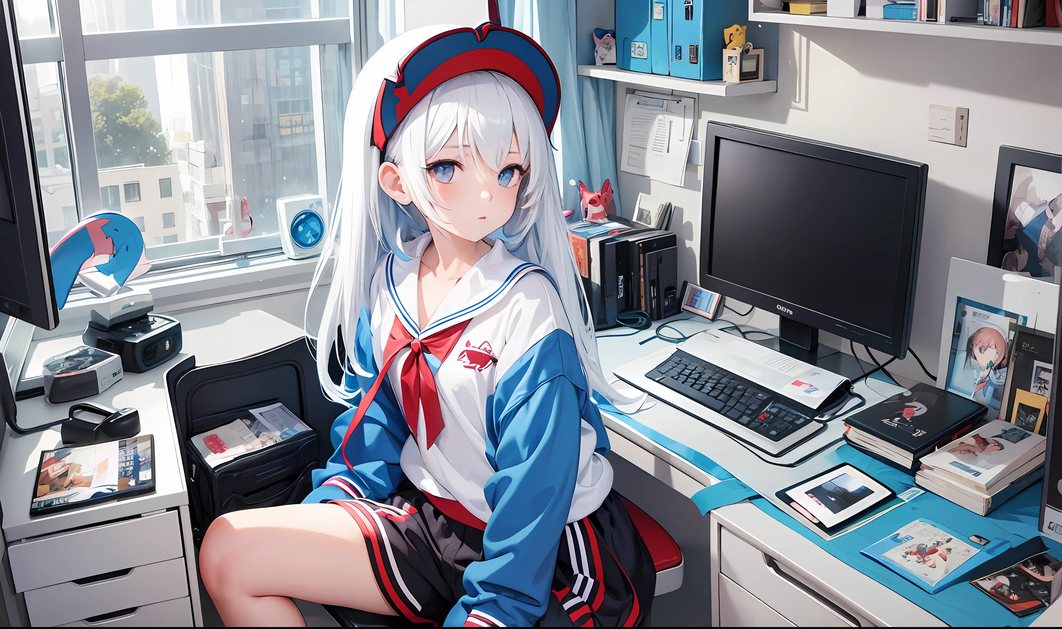 Anime, female character, girl, slim body, petite,ite hair, blue locks, wearing blue blouse, white trainers and some red details, black shorts, shark tail part of body, bedroom setting in front of computer. --auto --s2