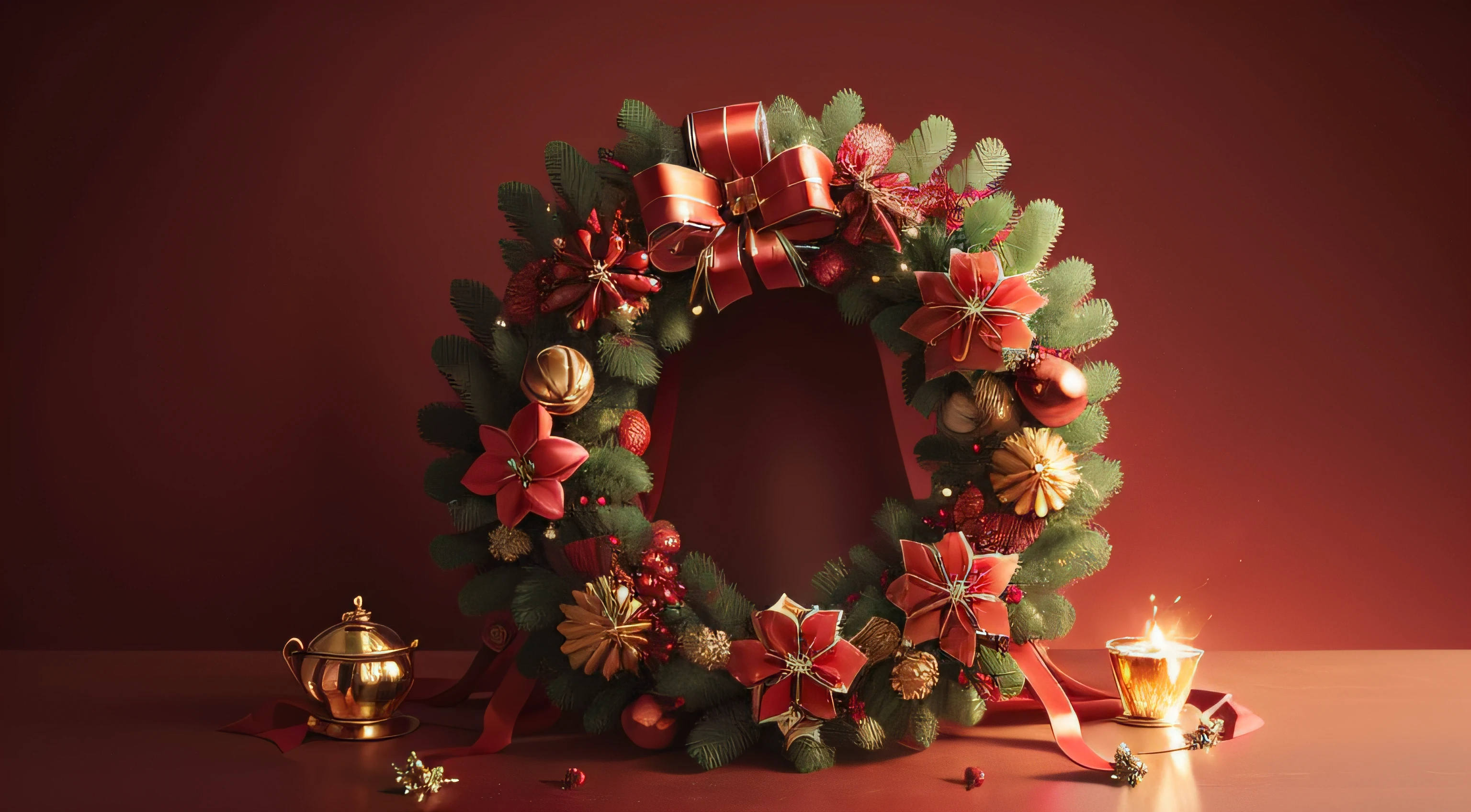 This image shows a red background with gold and silver decorations, including a wreath of pine cones and a bow made of gold ribbon. There is also a red bow on the left side of the image, and a gold bow on the right side. The image appears to be a Christmas decoration or a holiday greeting.