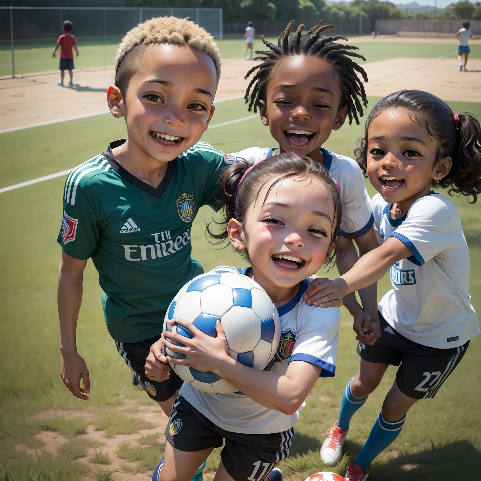 Children playing futebol, alegre, sorridentes, alta resolucao