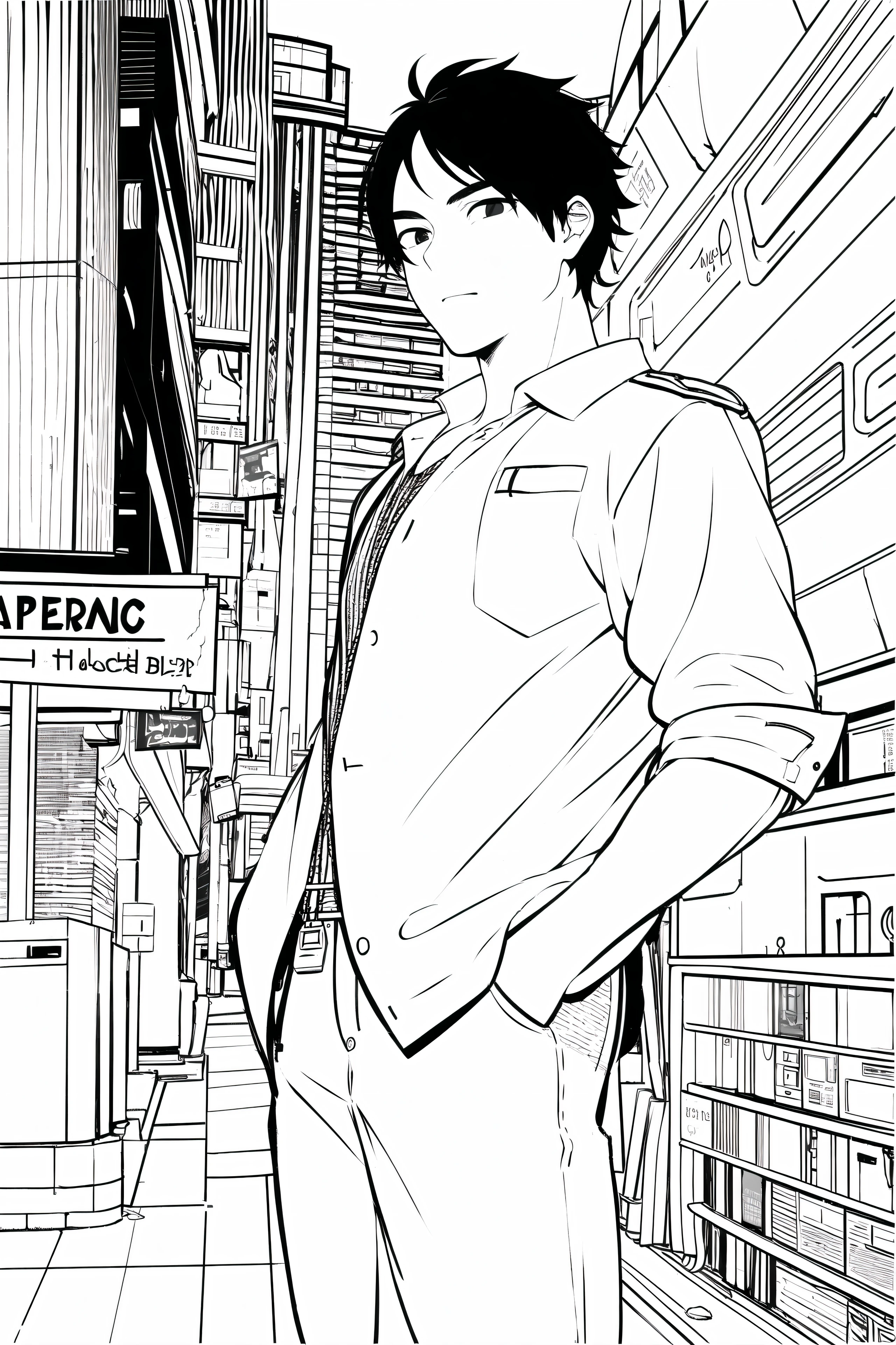 masterpiece, best quality, 1man, uniform, hand in pocket, school bag, black hair, black eyes,  cyberpunk, street,  monochrome, lineart