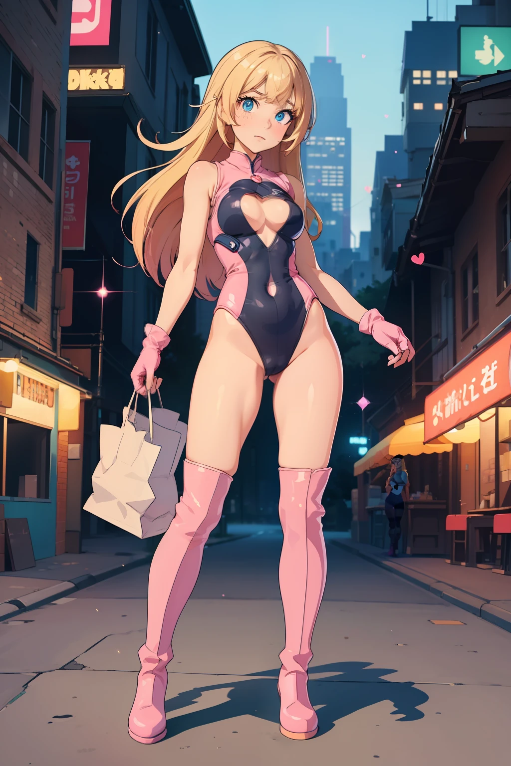 ((masterpiece)), ((best quality)), ((highres)), 1girl, solo, leotard, bare legs, matching boots, sleeveless, looking at viewer, light particles, city backdrop, perfect hands, perfect eyes, perfect leotard, perfect legs, perfect arms, perfect fingers, medium breasts, pink leotard, standing, blonde hair, long hair, knee boots, blue eyes, heart cutout, cute face, hair down, bangs, sleeveless, pink gloves, pink footwear, cleavage cutout