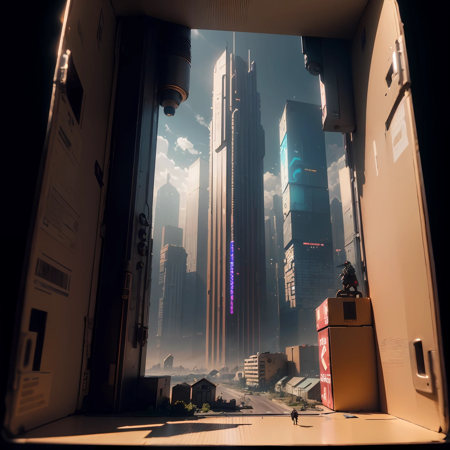 \(tpose\), (16K, RAW photo, Best quality, Master:1.4),Steampunk Cyberpunk City,(Cyberpunk light:1.3),on desk,horizon (Related to the land),(In a miniature box:1.3),isometry,Minitary,Basic landscape,Backstreet view,