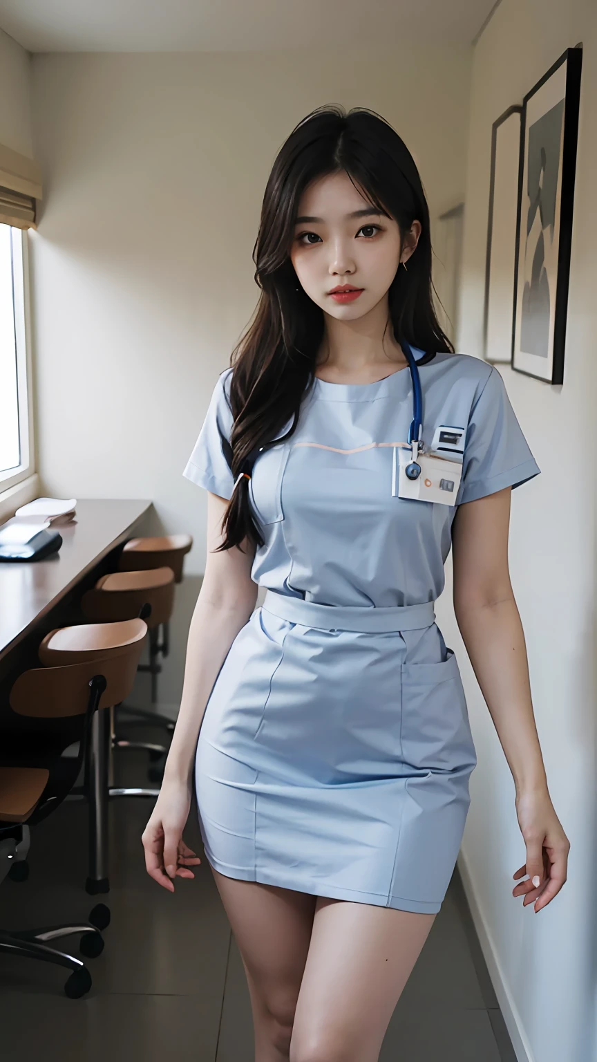 Slender Asian girl, kpop idol, ((nurse)), ((top quality, 8k, masterpiece: 1.3)), crisp focus: 1.2, beautiful woman with perfect figure: 1.4, highly detailed face and skin texture, detailed eyes, ((skinny)), beautiful face, symmetrical face, full-length, sexy, almost naked