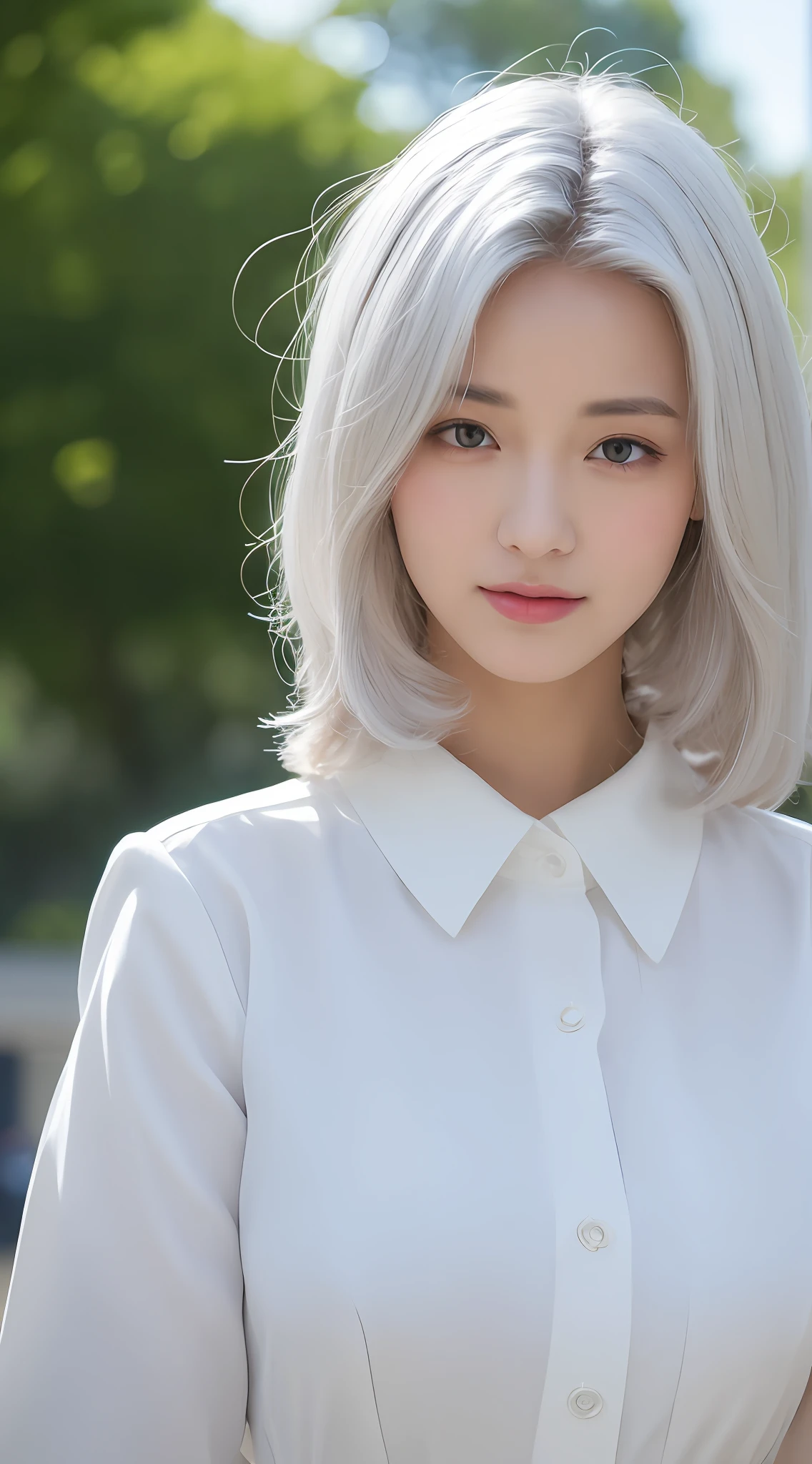 ((Realistic lighting, Best quality, 8K, Masterpiece: 1.3)), Clear focus: 1.2, 1girl, Perfect body beauty: 1.4, Slim abs: 1.1, ((White hair, Big breasts: 1.3)), Royal sister pose, (Outdoor, Daytime: 1.1), City street, Super fine face, Fine eyes, Double eyelids, Curly hair, Fair skin, JK uniform