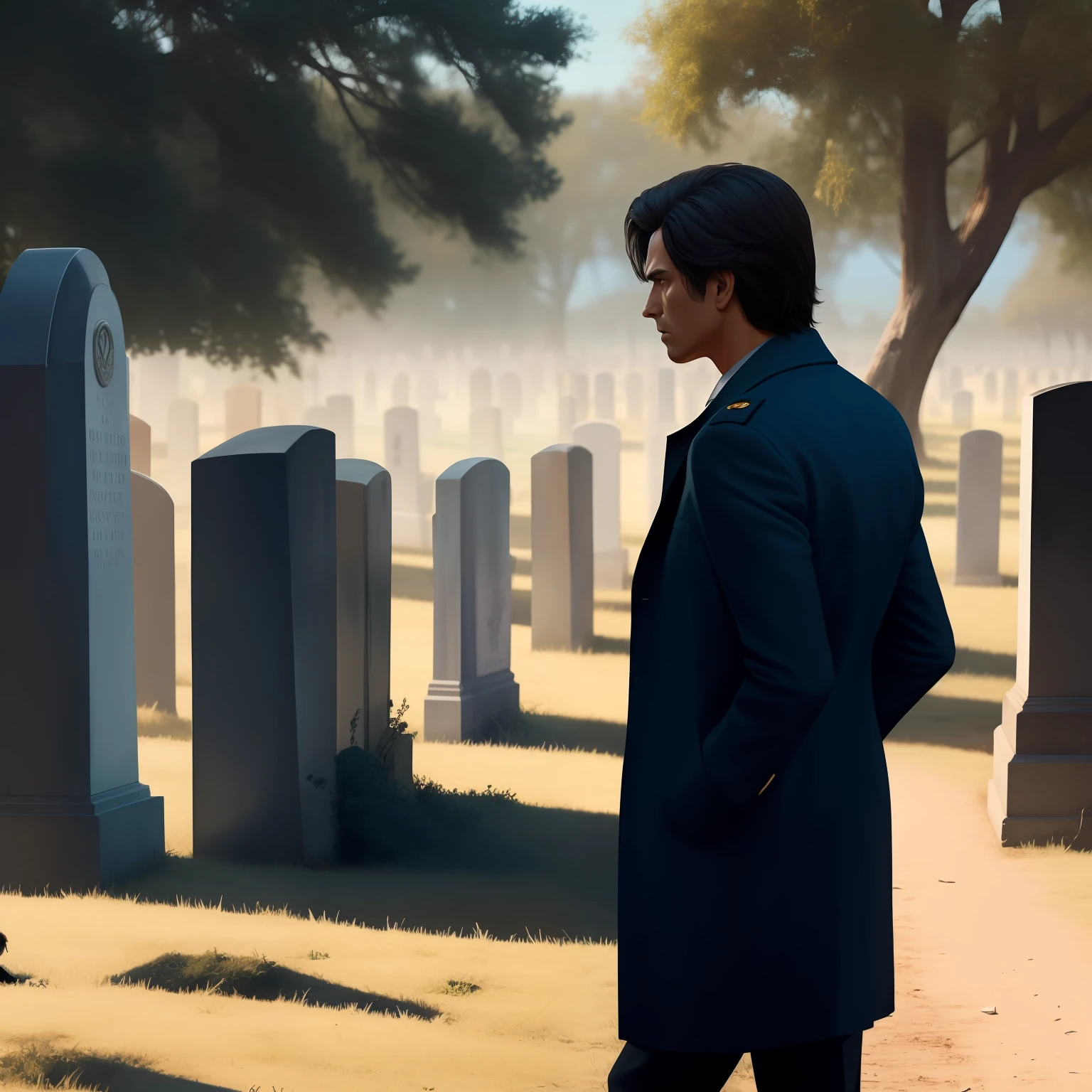 Man in FBI Hair Coat Worried Near Cemetery, Arte conceitual Pulp anos 80. Cores fracas