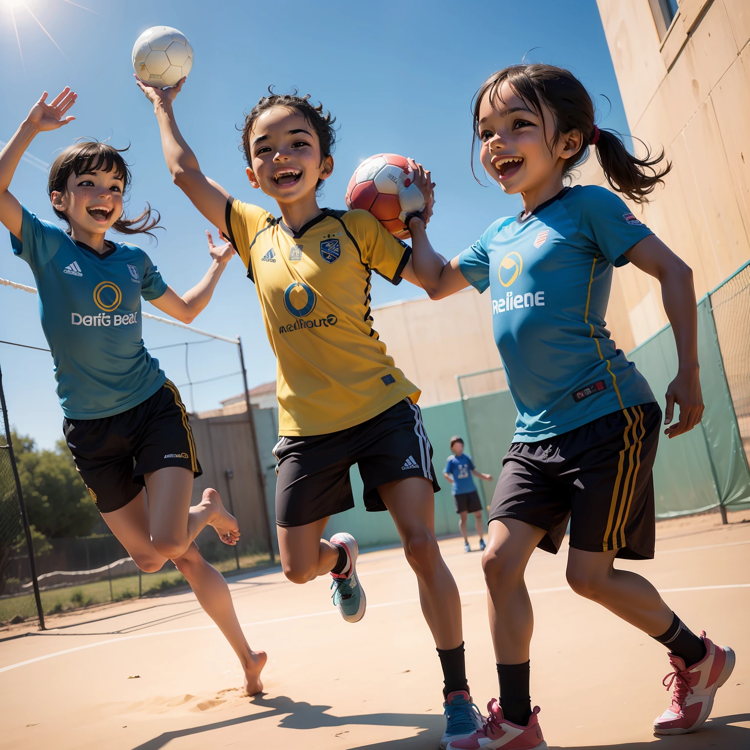 Children playing handball, alegre, sorridentes, alta resolucao