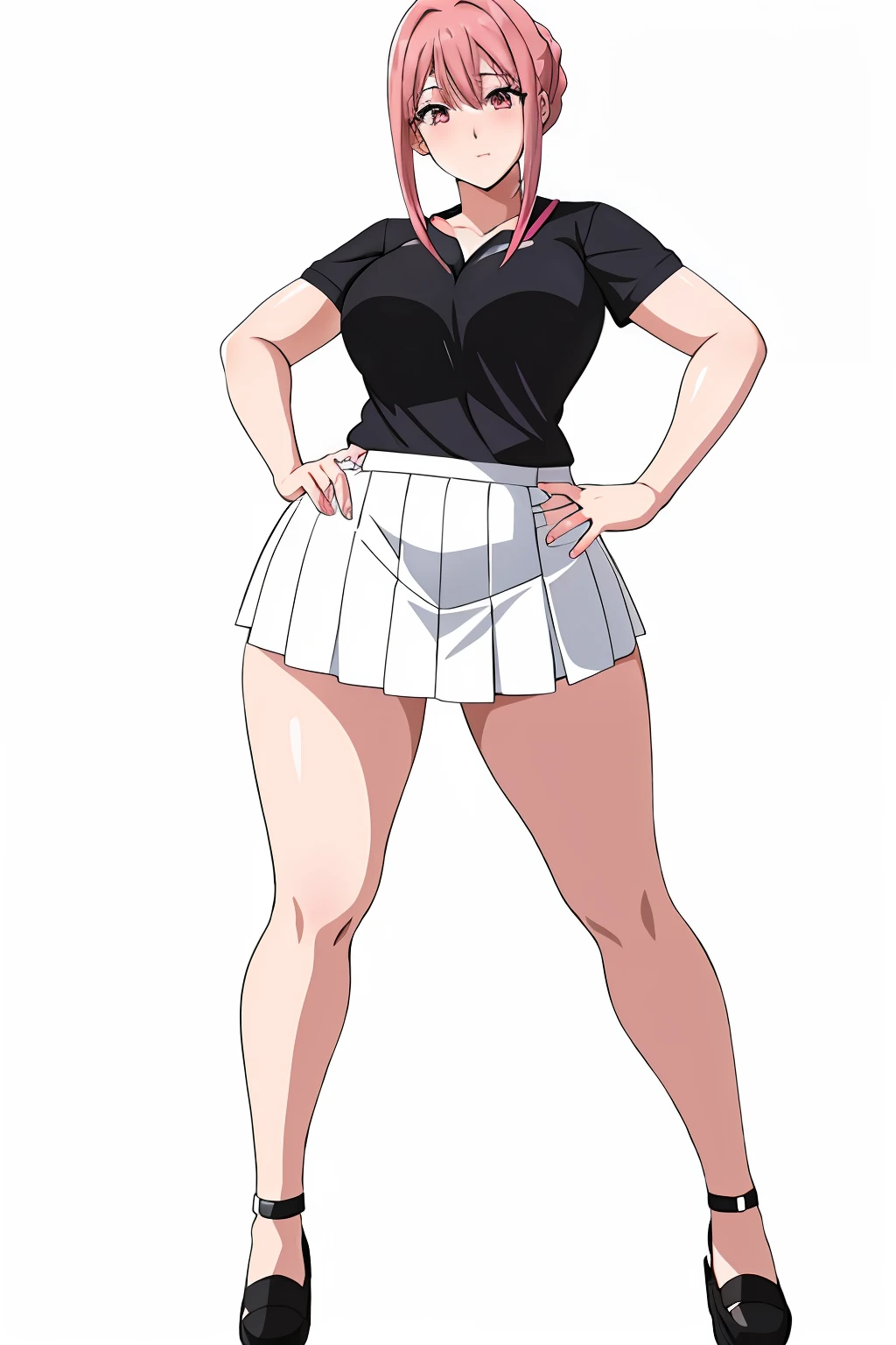 Anime girl with pink hair and black top standing on white skirt, seductive anime girls, thicc, ecchi anime style, beautiful anime girl crouching, Bending over, Sakura Haruno, Casual pose, Thighs!!!, Thighs!!!!!!, ecchi style, hand on hips, Marin Kitagawa fanart, oc commission, The thick silhouette is completely naked