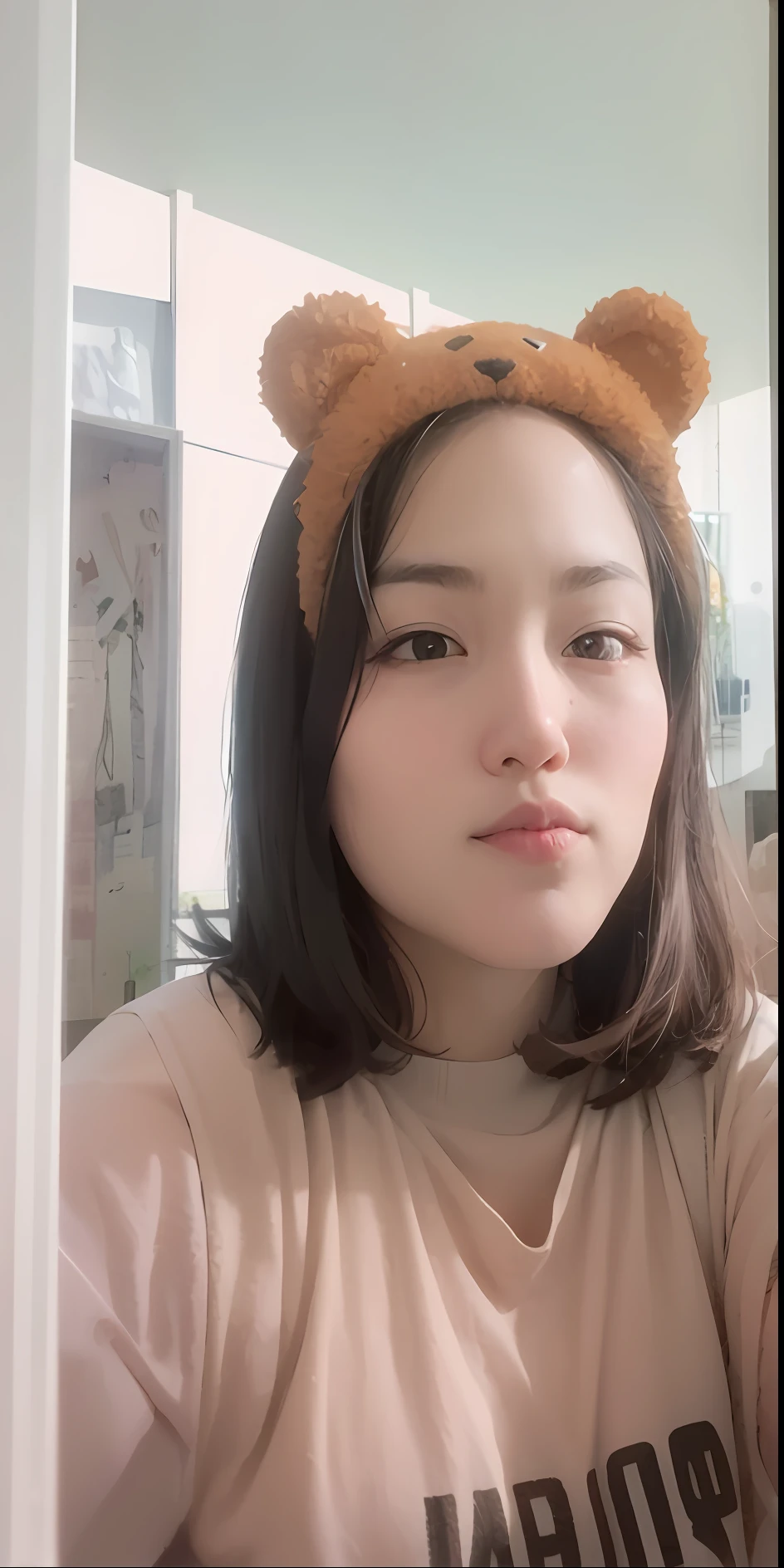 there is a woman with a bear hat on her head, ruan cute vtuber, with round face, dang my linh, round cute face, with round cheeks, with small nose, young cute face, south east asian with round face, girl cute-fine-face, 19-year-old girl, clear cute face, round nose
