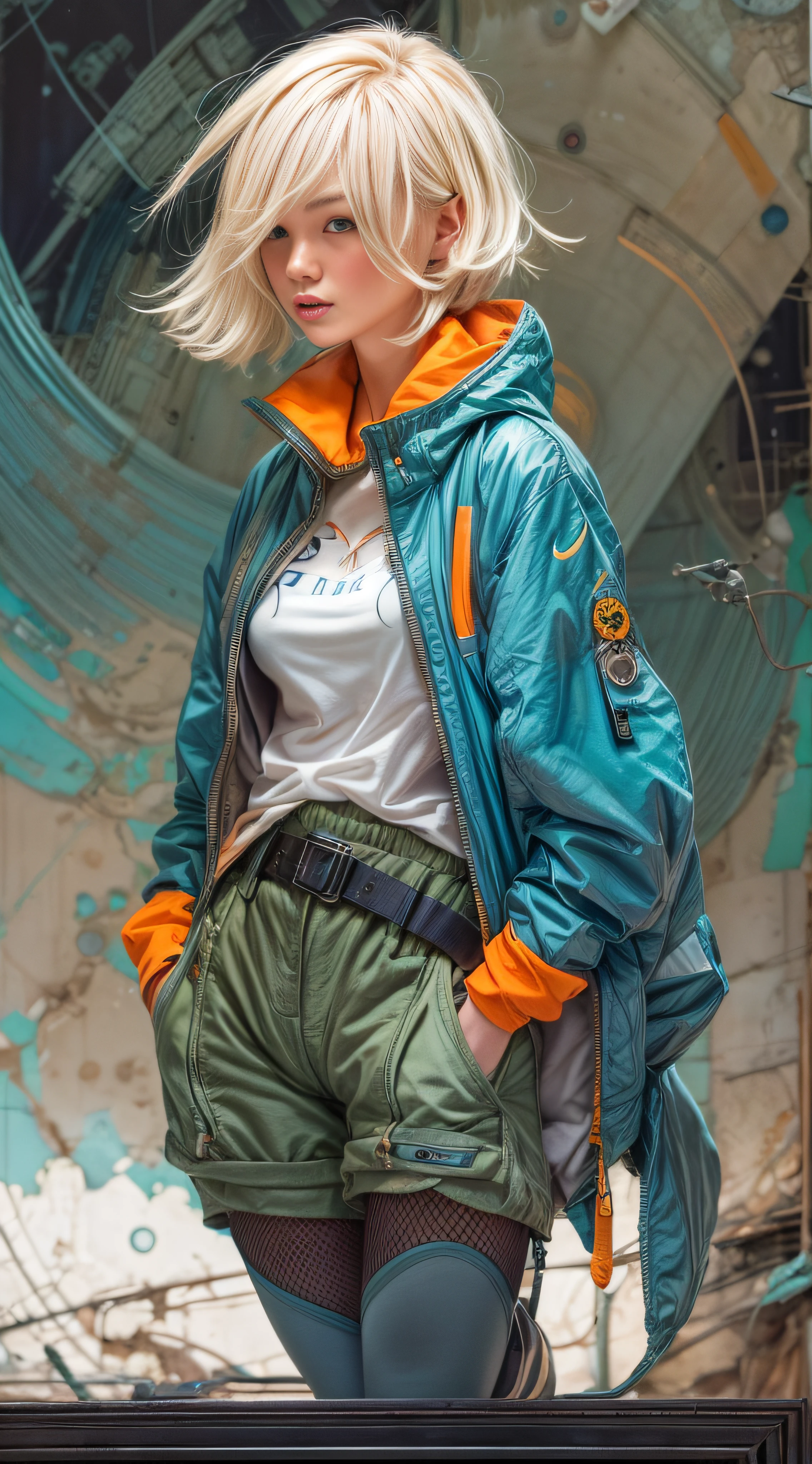 1monk warrior girl with blue orange techwear clothes, Short blonde hair, shoelace, Vintage Scifi Background Abstract, Art by Moebius, Art by Ashley Wood