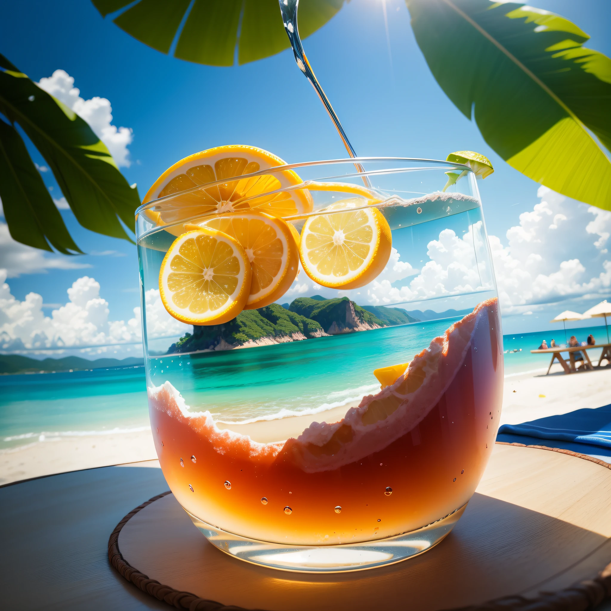 Using the right hand, macro photography depicts picnic scenes themed around a tropical beach holiday in summer. The protagonist of this photo is a cool glass filled with iced carbonated drinks. The lens focuses on glasses, fruit, dazzling midday sun, fisheye lenses, distant views, a hearty meal, (splashed liquid: 1.6), ice, (picnic scene: 0.5) (cute dessert: 0.4), dripping. It's filled with carbonated drinks, translucent liquid, daytime outdoor lights (beach 1.5), tropical plants, hot weather, HD detail, wet watermark, hyperdetail, cinematic, surrealism, soft light, deep field focus bokeh, ray tracing, diffuse (ultra-fine glass reflection), and surrealism.