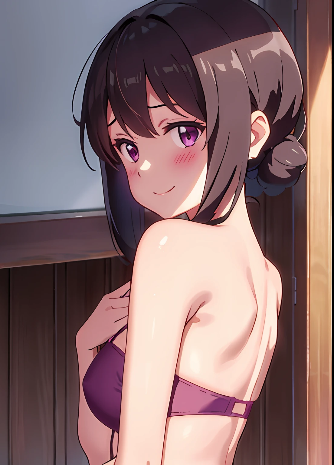 By Shinkai Makoto、Your name is。、1人、bangss、A dark-haired、Longhaire、red blush、Purple eyes、Looking at the camera、negative space、a room、undergarment、ssmile、独奏、sexy  pose