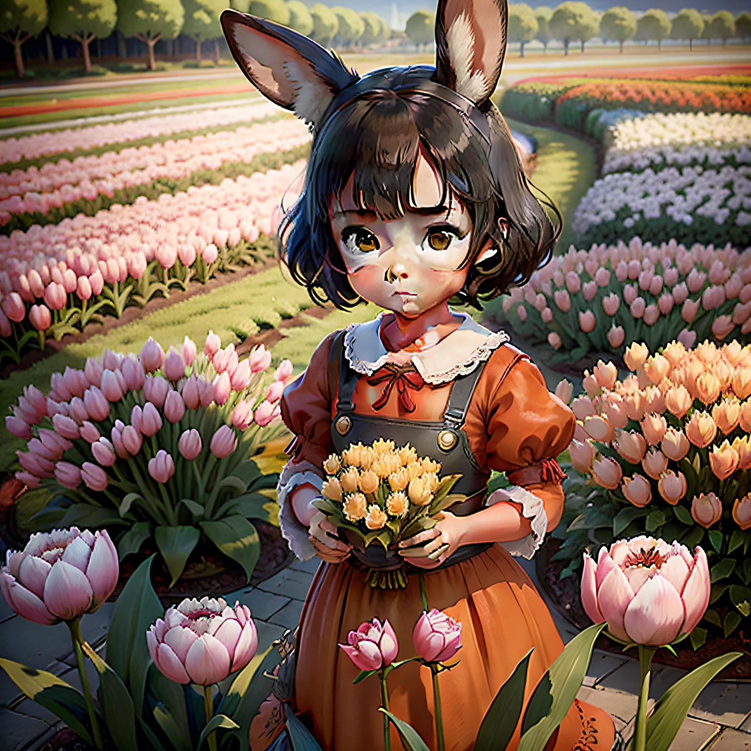in style of hayao miyazaki,Wow rabbit,bit girl,Tulip garden,Butterflies flew by,fundo vermelho