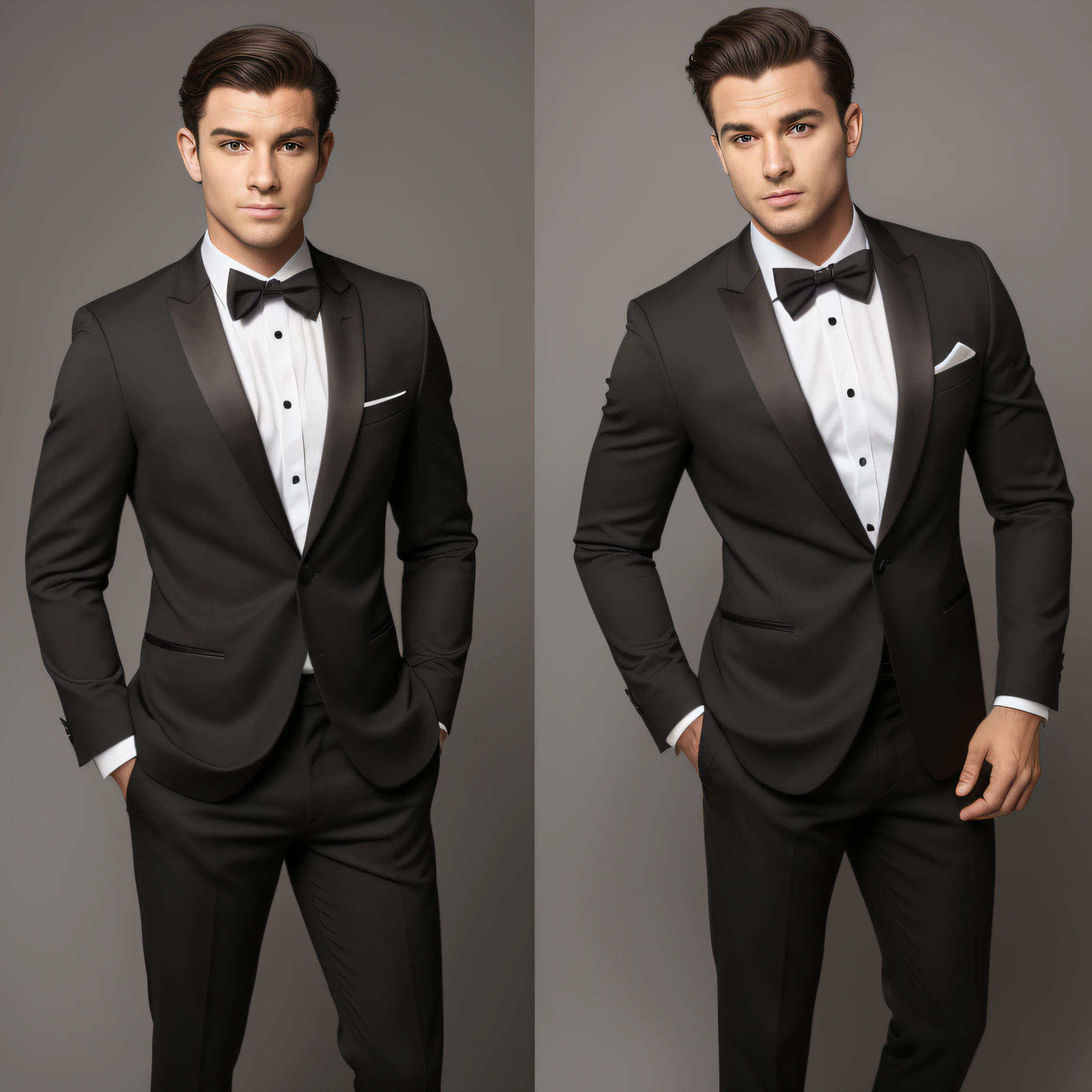 There's a young man in a tuxedo and bow tie , pele branca, corpo inteiro, catalog photo, Foto de perfil do headshot, corpo inteiro, homem sem musculos, Full-bodied man standing, sapatos pretos, parede de fundo branca, fundo branco