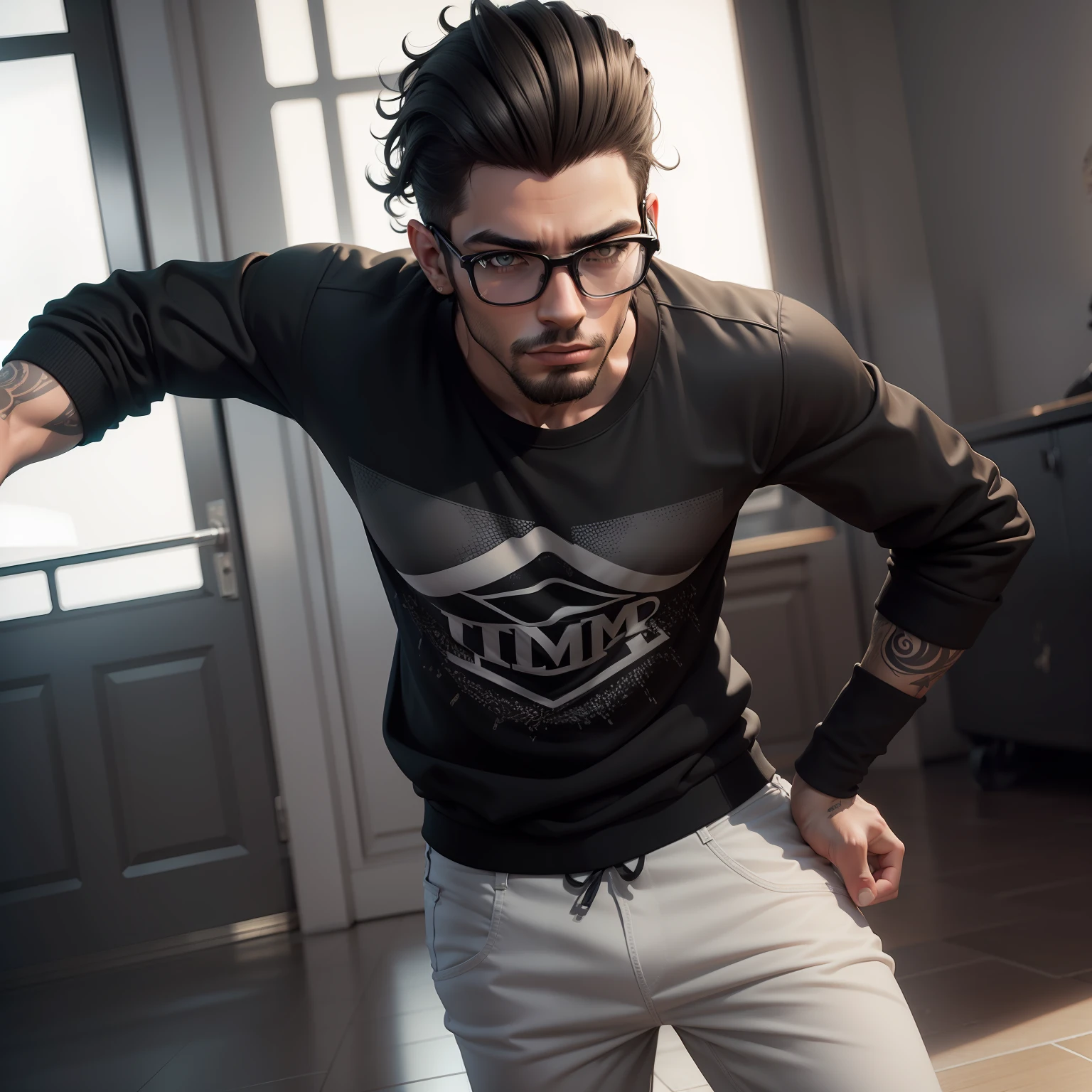 Um jovem, homem semi-realista, 3d, estilo skatista, cabelo preto, baixa estatura,