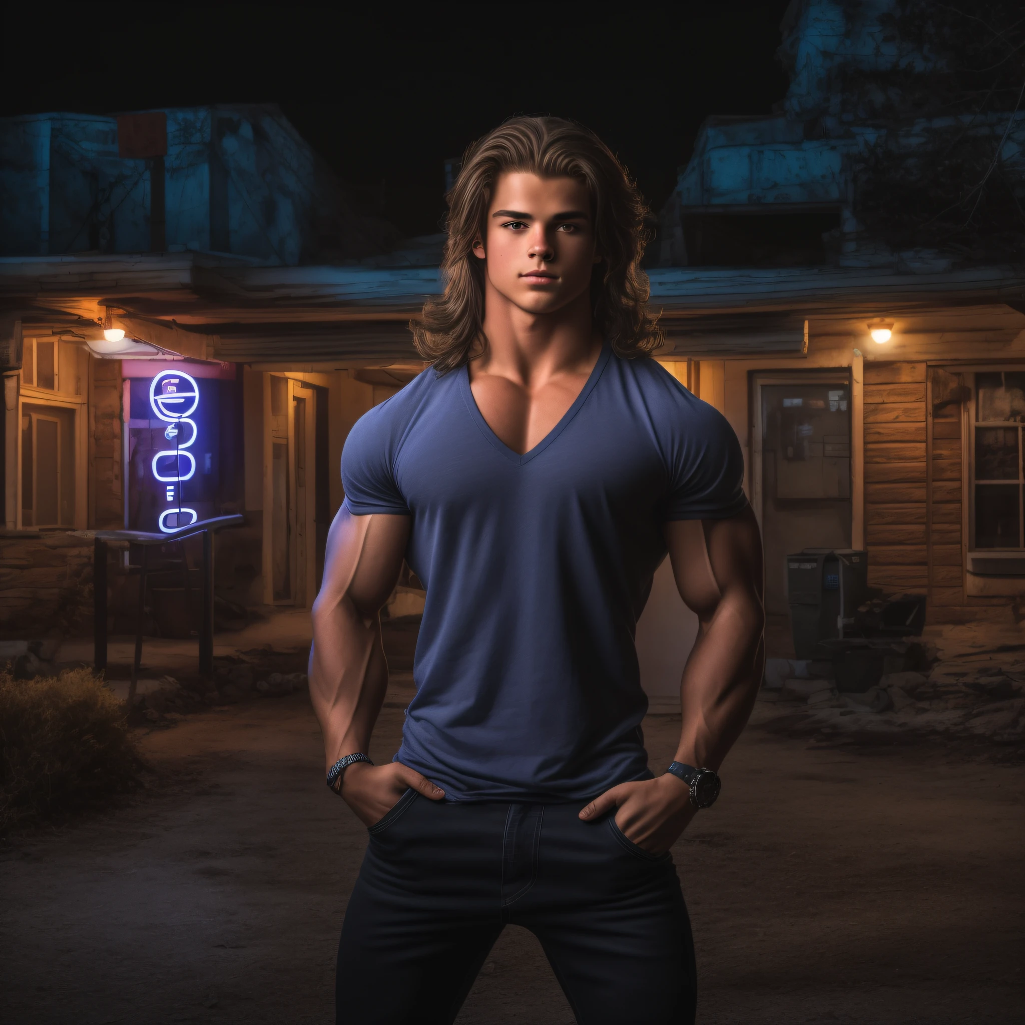 An 18-year-old boy bodybuilder, embodying the perfect fusion of Joey Lawrence and Cody Calafiore with long hair, exuding an aura of strength and confidence. Enhanced with HDR technology, this image depicts a true masterpiece, 4K resolution, flawless anatomy, old motel, night photography, sleazy vibes, neon