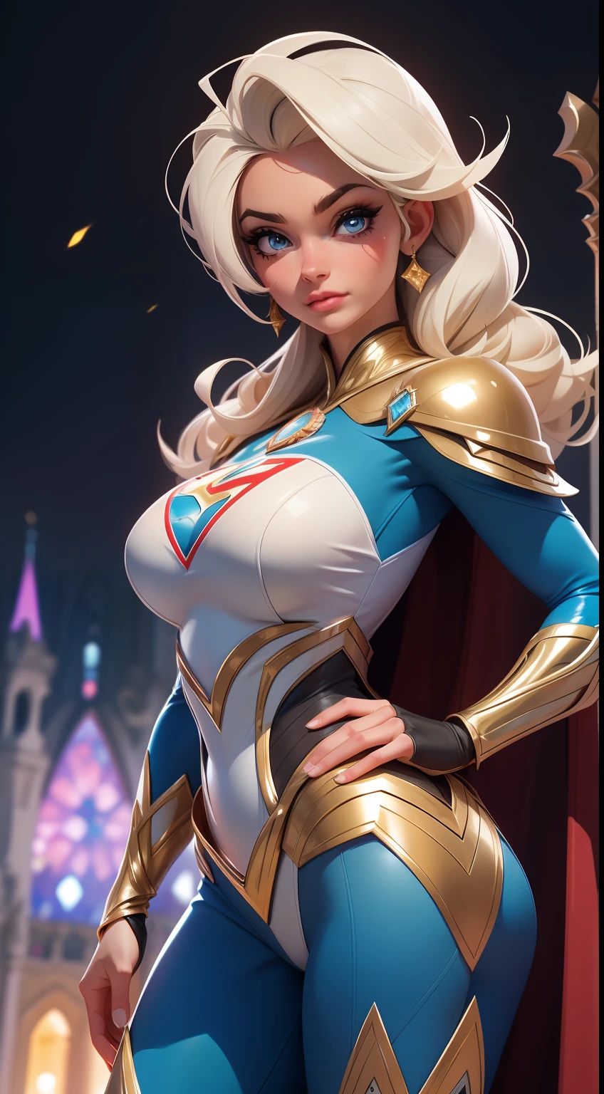 Merger between Elsa and Superman, Roupas do Super-man, melting, 1girl, Beautiful, (master part:1.2), (melhor qualidade:1.2), ((pose de luta)), ((campo de batalha)), cinemactic, olhos perfeitos, pele perfeita, perfect lighting, sorrir, luz, cor, pele texturizada, detalhe, Beleza, maravilha, ultra-detalhado, rosto perfeito