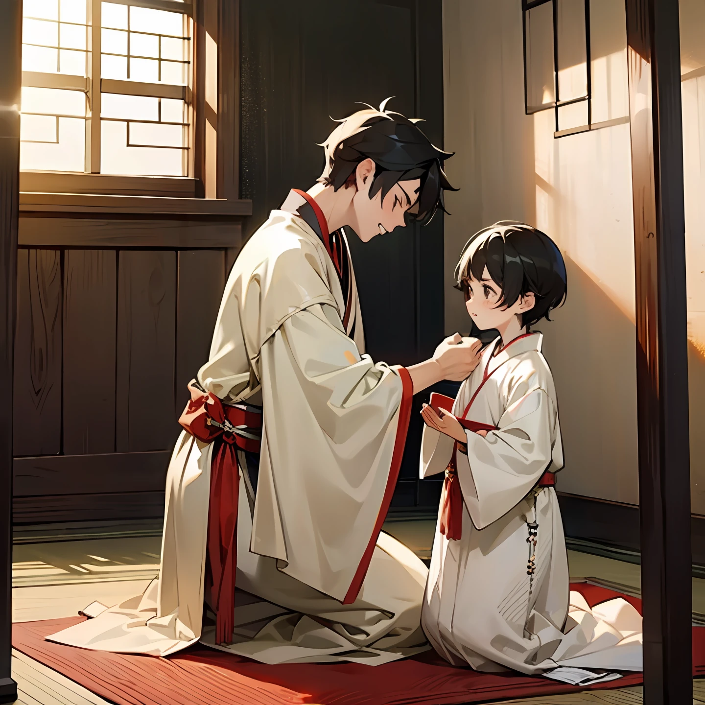 two guys,inside in room,Hanfu,A mother weaves cloth,The kneels on the ground