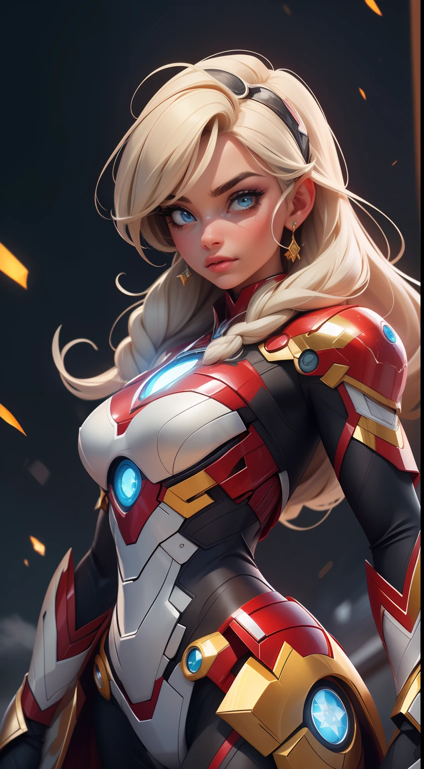 Merger between Elsa and Iron Man, Roupas do Homem de ferro, melting, 1girl, Beautiful, (master part:1.2), (melhor qualidade:1.2), ((pose de luta)), ((campo de batalha)), cinemactic, olhos perfeitos, pele perfeita, perfect lighting, sorrir, luz, cor, pele texturizada, detalhe, Beleza, maravilha, ultra-detalhado, rosto perfeito