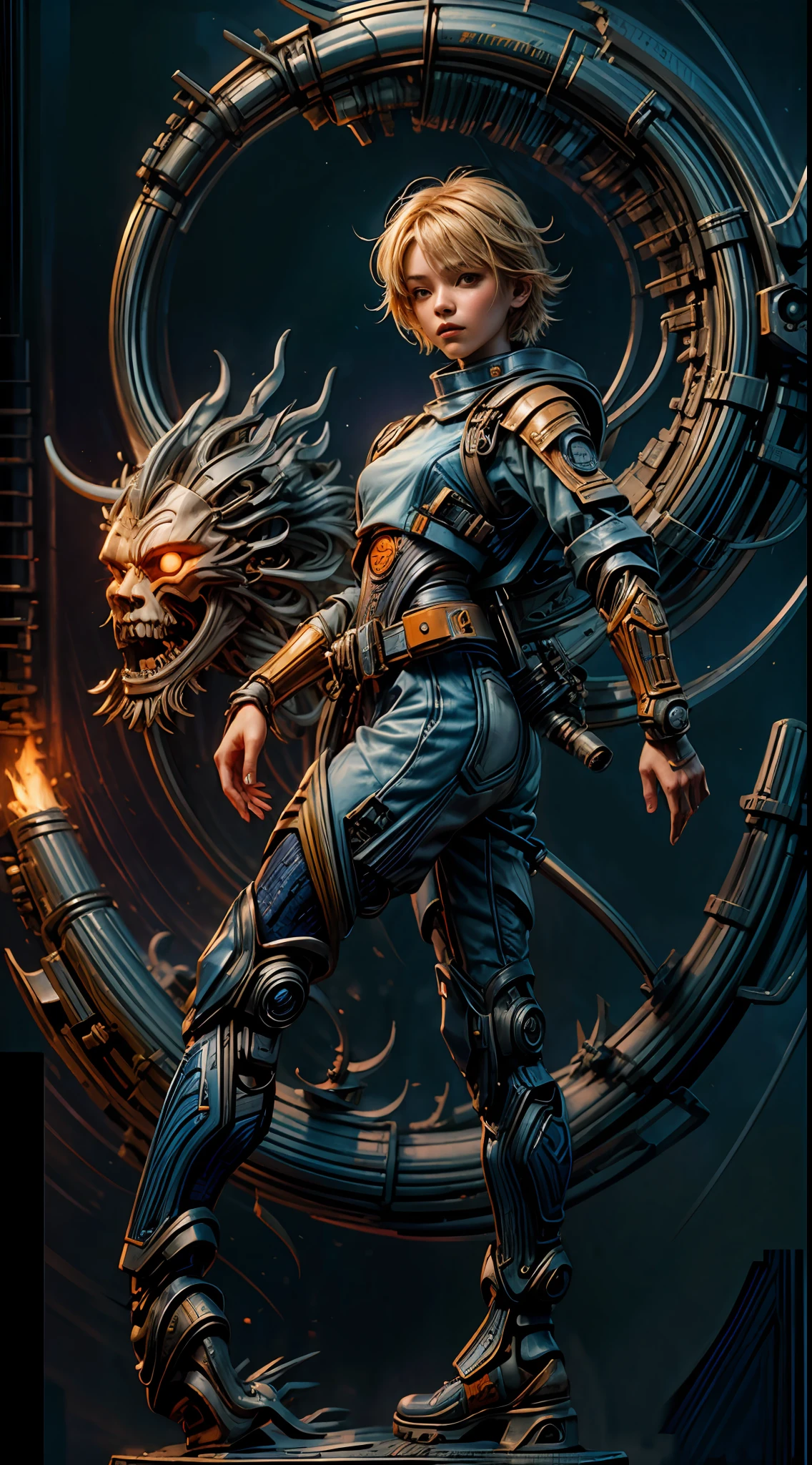 1monk warrior girl with blue orange techwear clothes, Short blonde hair, shoelace, Vintage Scifi Background Abstract, Art by Moebius, Art by Ashley Wood